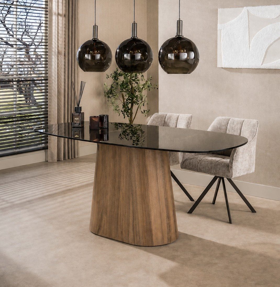 LEVEN Lifestyle Esstisch Esszimmertisch MONARI mit ovaler Glasplatte Rauchglas braun, Tischplatte auch hochwertigem braunen Sicherheitsglas