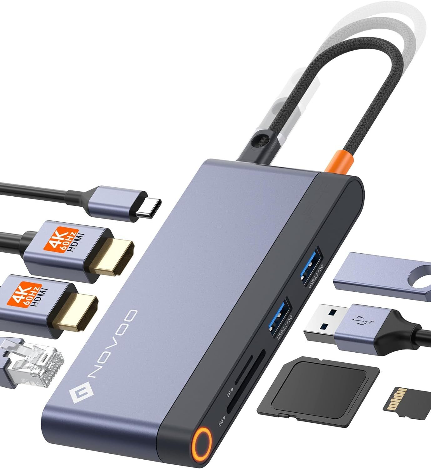 NOVOO USB-Adapter USB-C zu HDMI, TF Kartenleser, SD Kartenleser, Ethernet, USB-C, USB-A 3.2, MacBook Pro M2, Dell, HP, Lenovo und mehr Typ-C Geräten