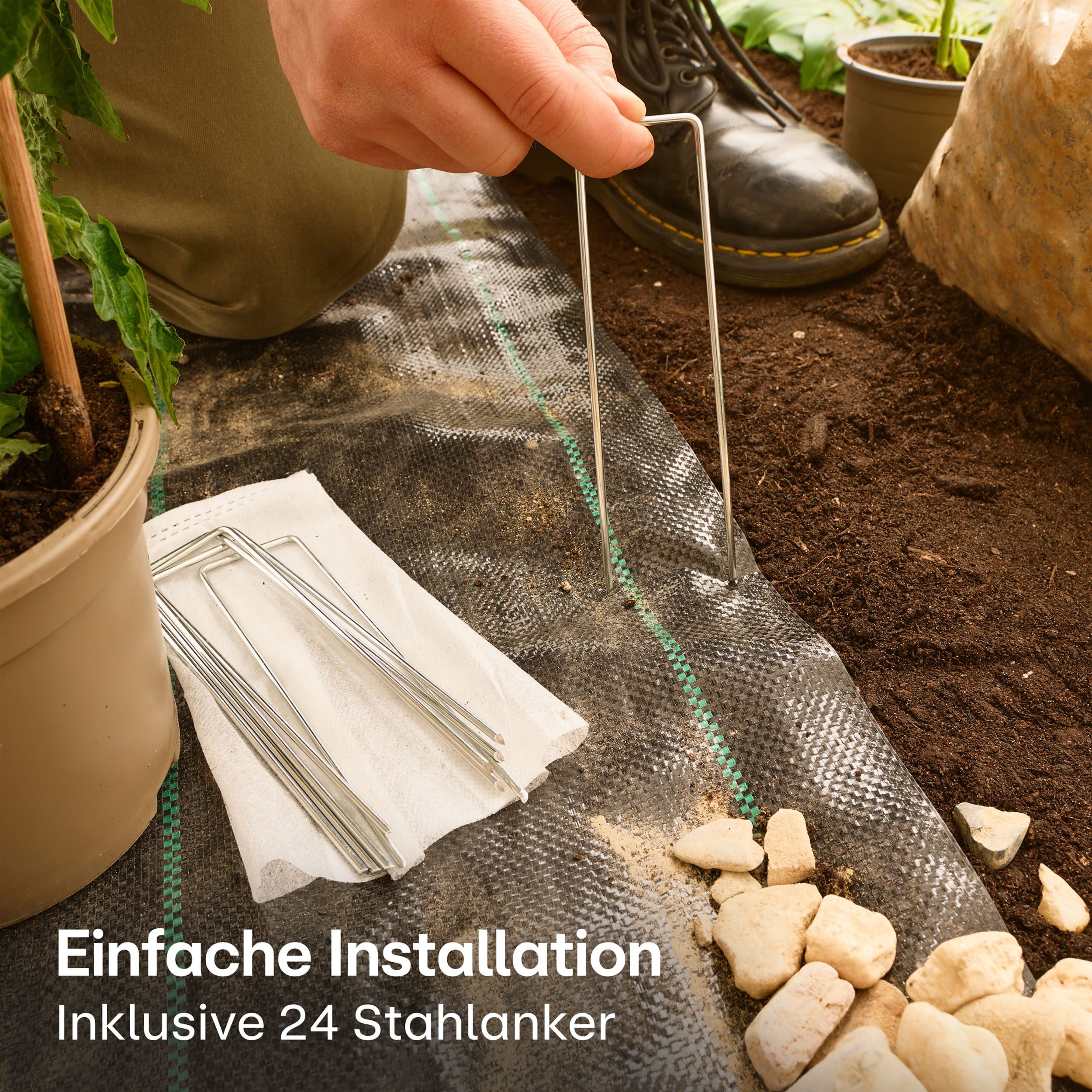 Praknu Gartenvlies Bändchengewebe 100g/m² 50m² - 24 Erdanker UV-Stabil Wasserdurchlässig, (Set, 100g/m² Unkrautvlies 50m² mit 24 Erdankern wasserdurchlässig), r – Bild 3 von 5
