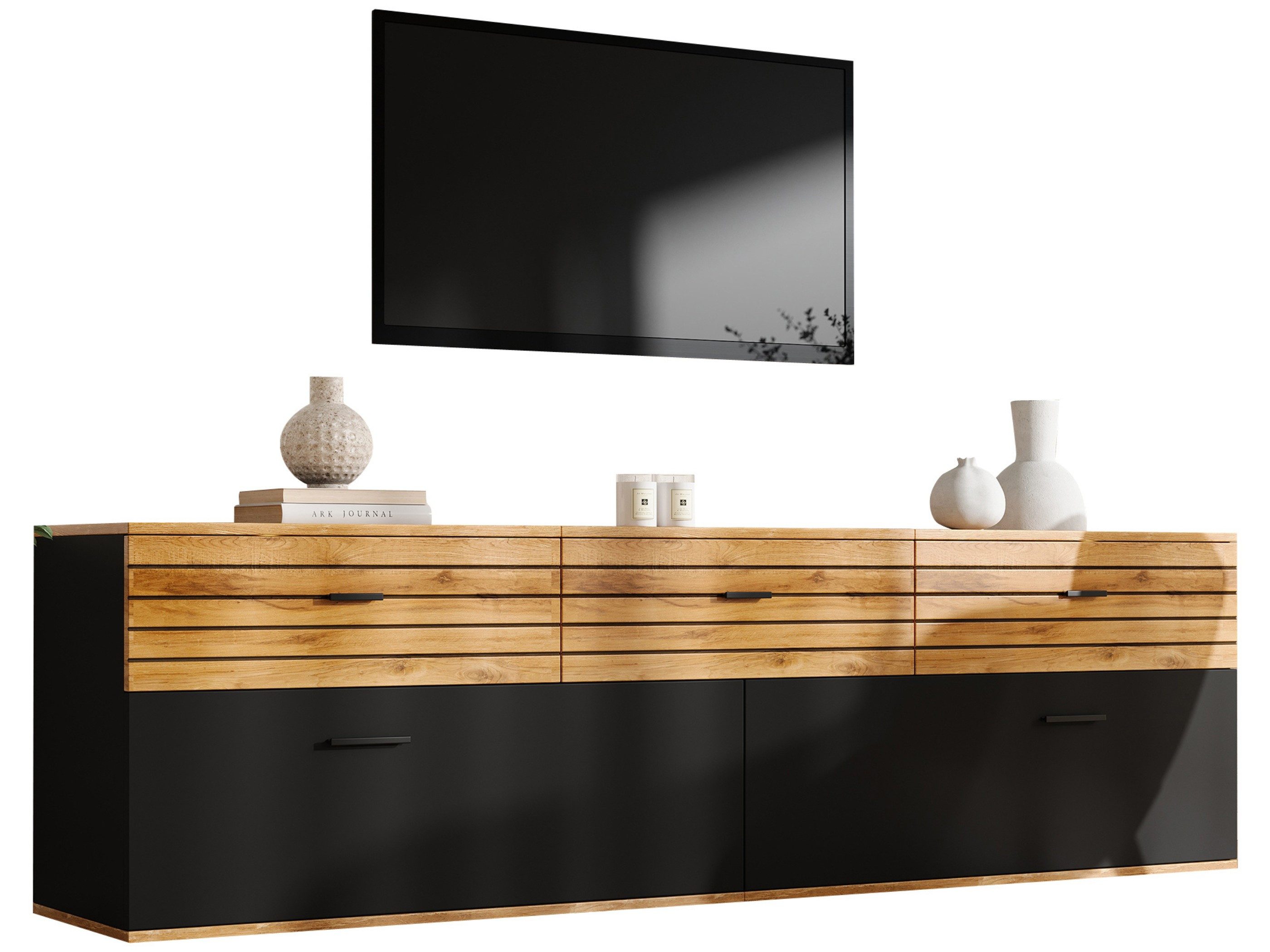 SeedWave Lowboard Fernsehtisch 168 cm mit 3 Schubladen und 2 Klapptüren (1 Stück), Horizontale Linienfront, schwarzer Korpus und Kippschutz
