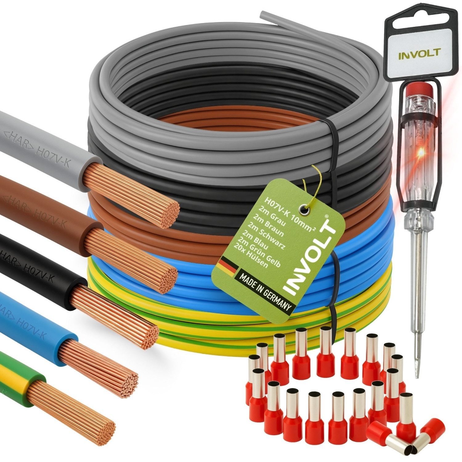 INVOLT H07V-K 10 mm² Verdrahtungsleitung Set, 5x Einzelader + Zubehör Stromkabel