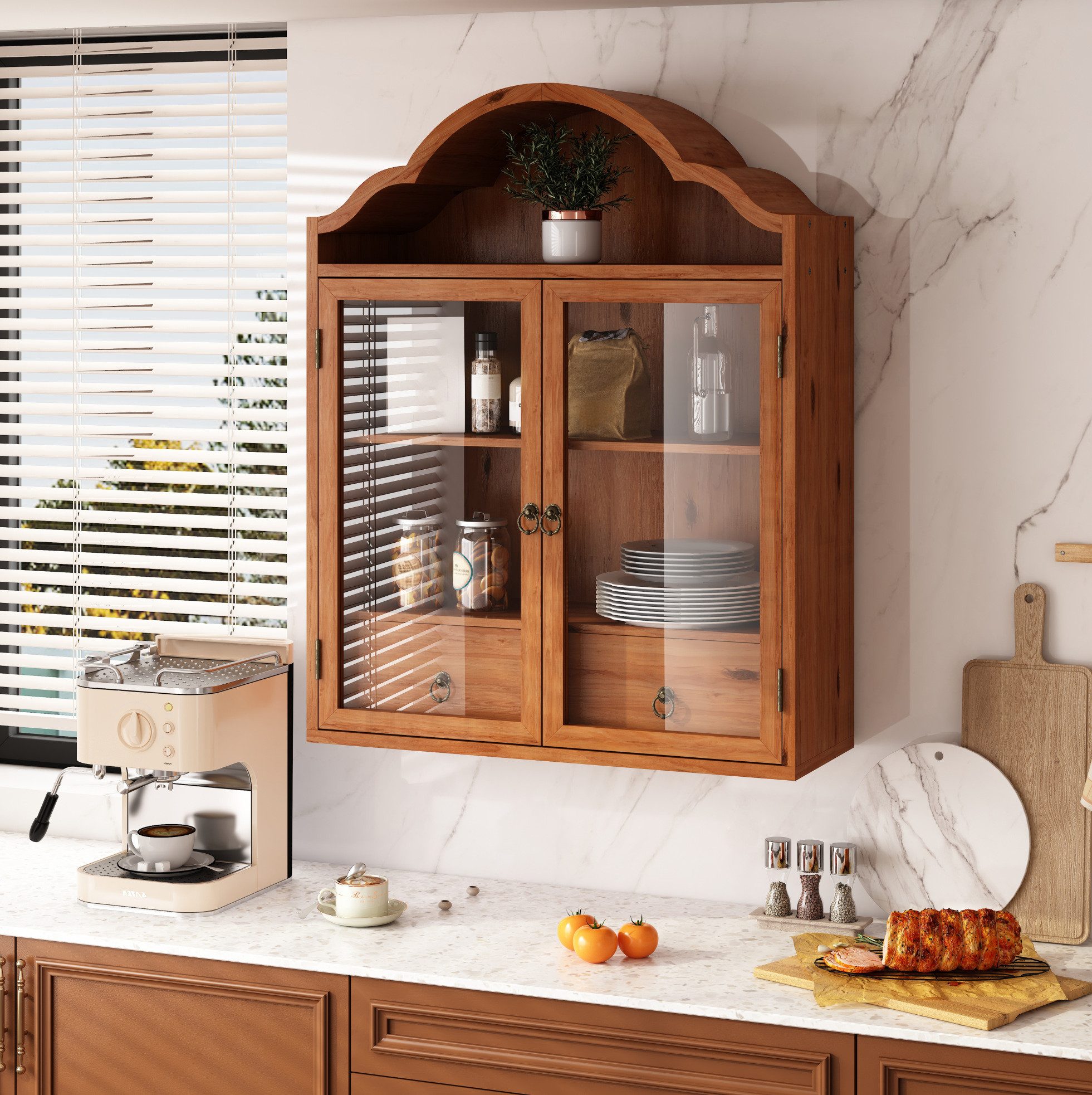 REDOM Hängeschrank Wandschrank im Vintage-Stil mit gewellter Dachoptik, Stauraumschrank (praktischen Schubladen und Aufbewahrungsfläche, dekorativer Hängevitrine für verschiedene Wohnbereiche, 60x22x76.5 cm)