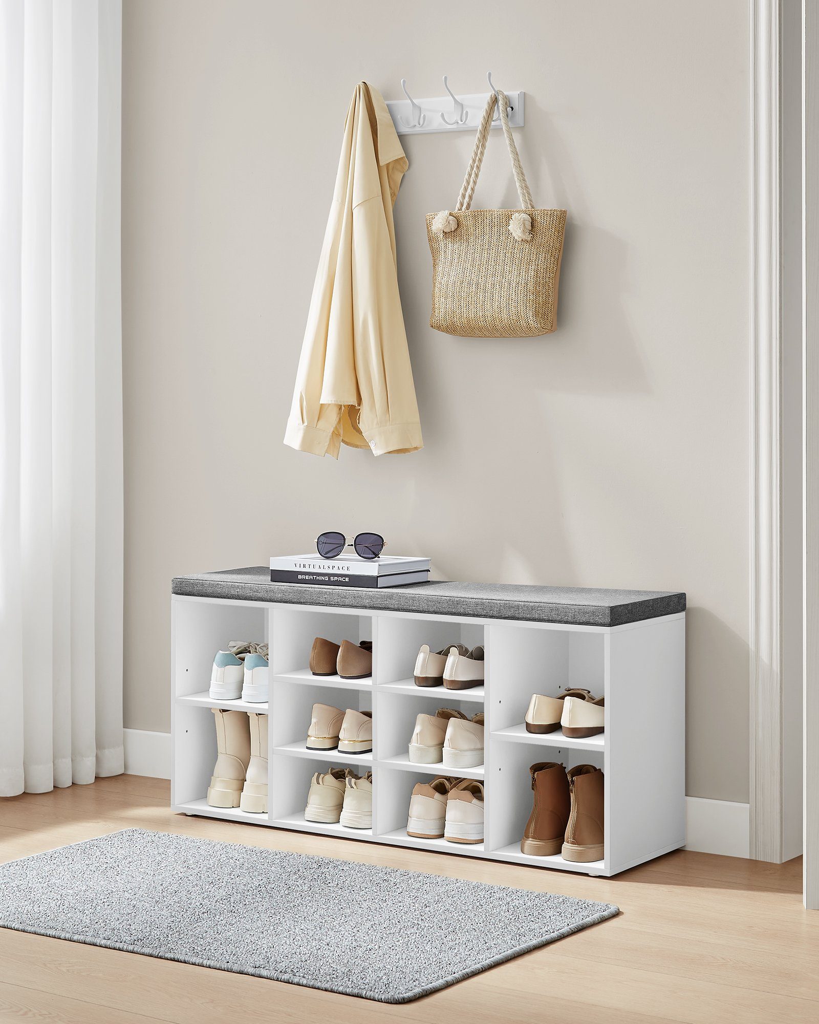VASAGLE Schuhbank, Schuhregal, mit 10 Fächern, 104 x 30 x 48 cm
