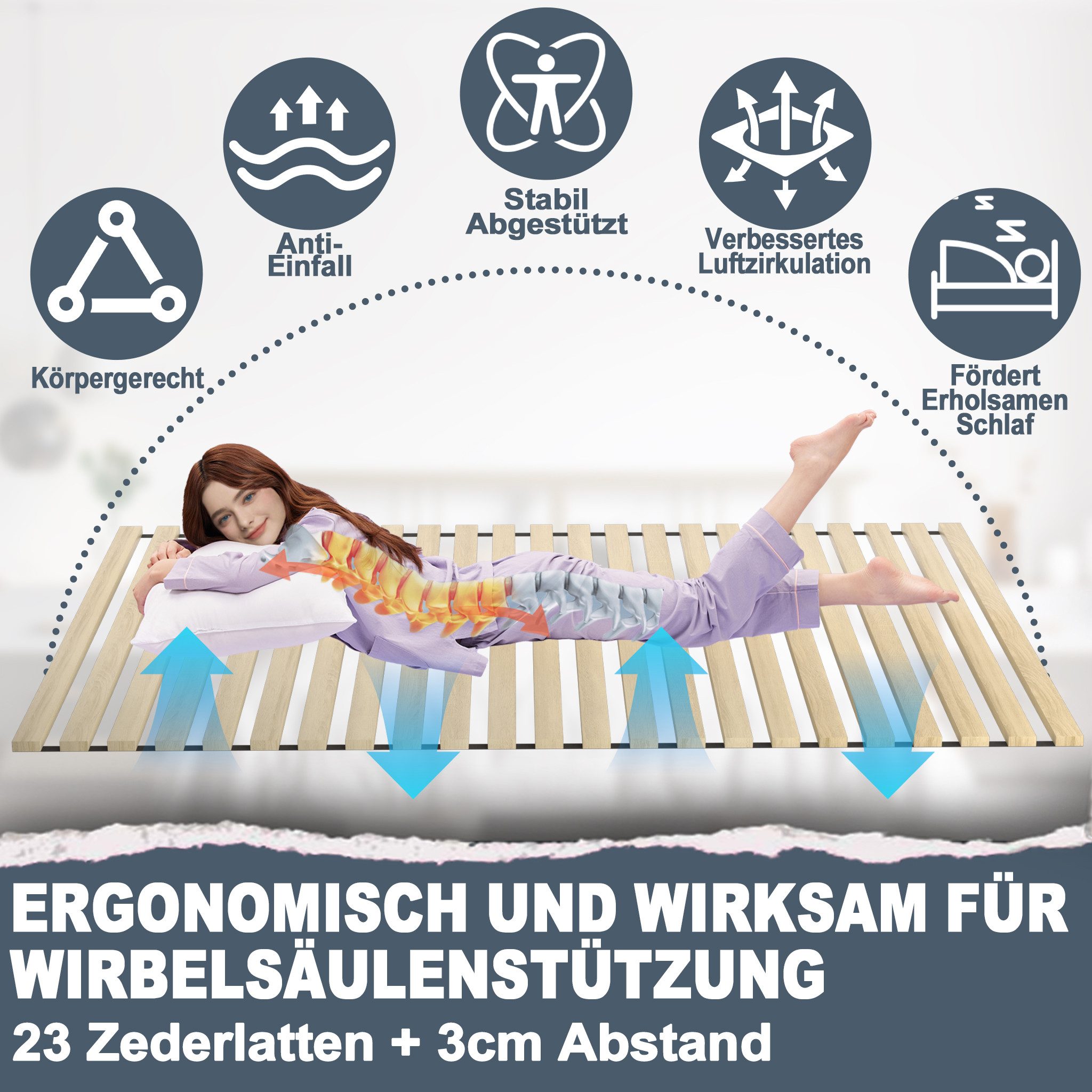 Lattenrost Rollrost Faltbare Rolllattenrost aus Zederholz mit 23 Leisten, FIVMEN, 2cm Dicke Holzlatten Ersatzleisten Belast bis 300KG – Bild 5 von 5