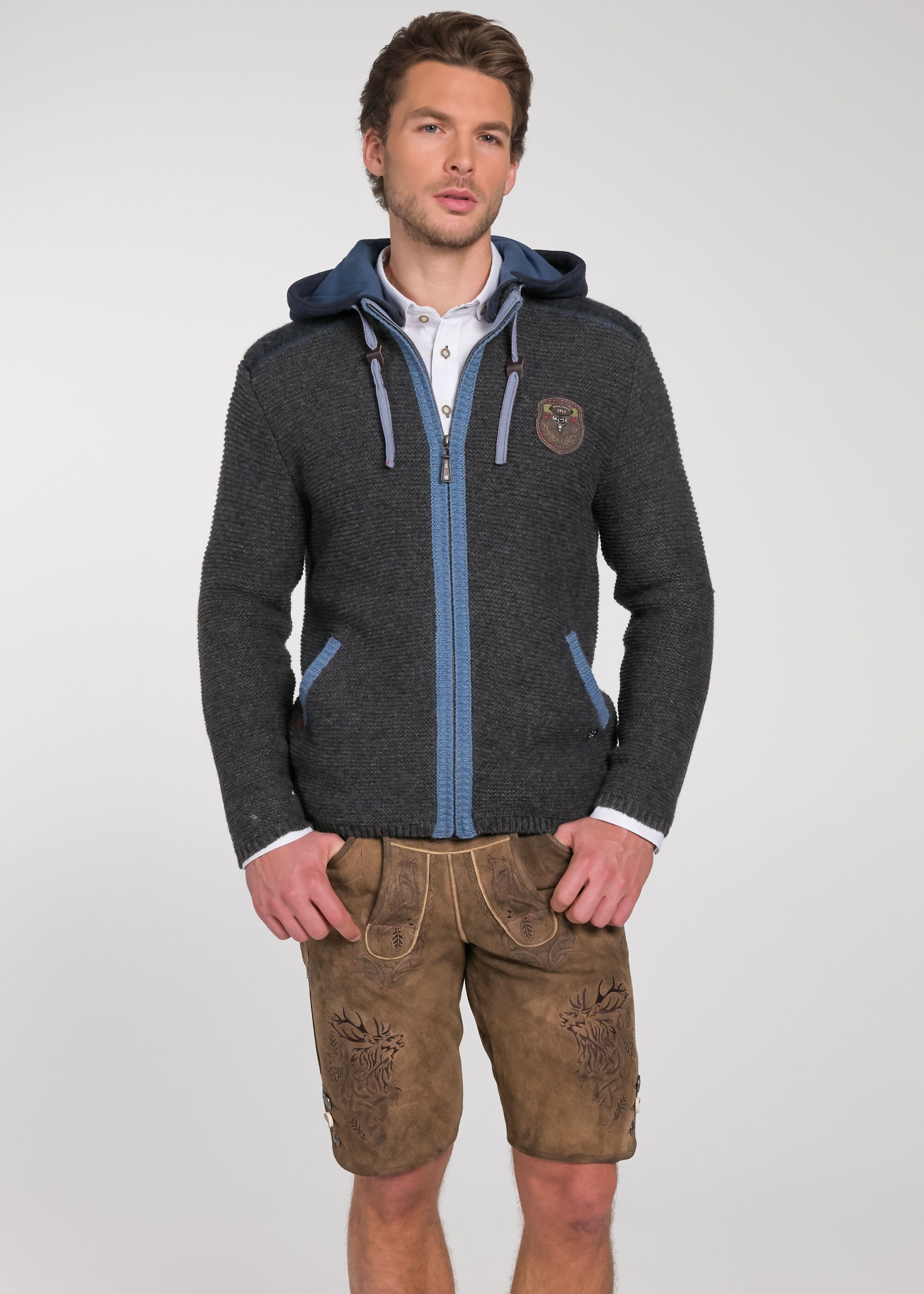 Spieth & Wensky Trachtenstrickjacke Dakar 70 cm mit Sweater-Kapuze D,grau/blau | Janker