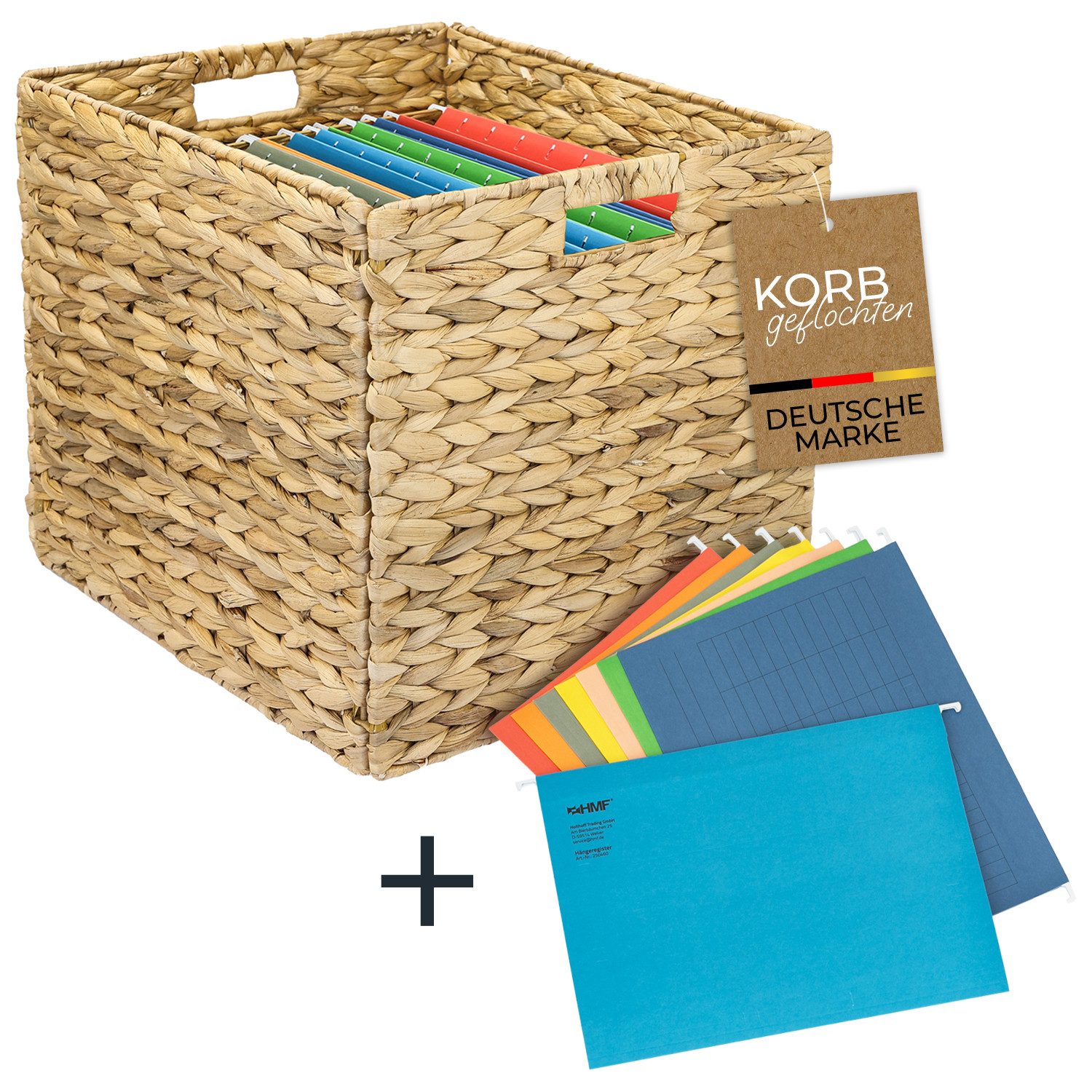 HMF Hängeregistraturbox Aufbewahrungskorb für DIN A4 Hängeregister passend für KALLAX-Regal (Set, inkl. 8 Hängeregister), Korb geflochten aus Wasserhyazinthe mit Griffen, 33 x 38 x 32 cm