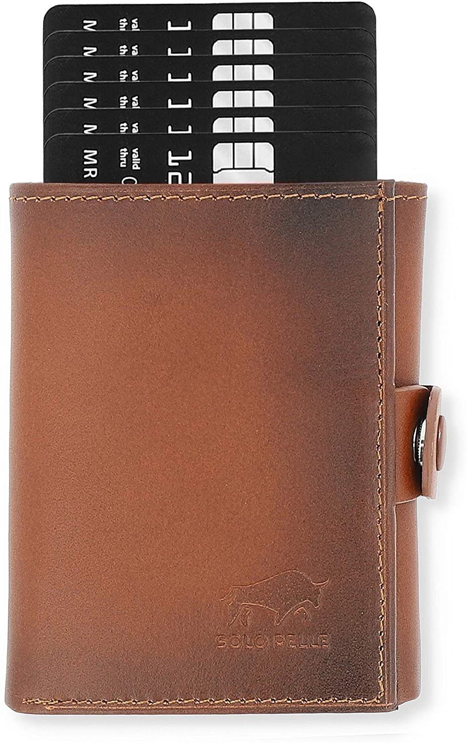 mit Schutz Cognac Braun Europe in [12 Slim in Design [RFID-Schutz], echt Geldbörse Leder, Slimwallet Münzfach Mini Wallet Riva Karten] Pelle Solo elegantem Made RFID mit