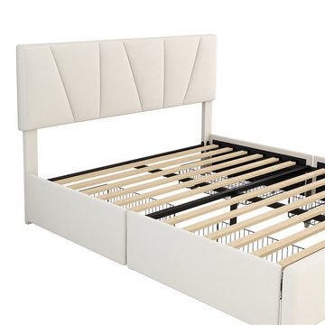XDeer Funktionsbett Double Size Polster Plattform Bett mit vier Schubladen auf zwei, Seiten,Verstellbares Kopfteil,Beige(140*200cm)