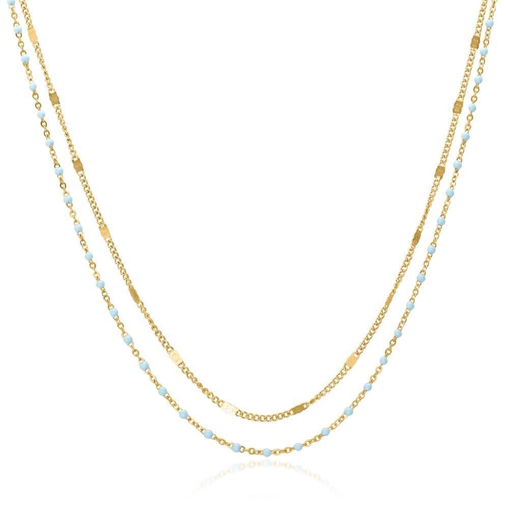 JEWLIX Edelstahlkette Layerkette Damen in Gold Verzierungen aus Emaille, hellblau N5147-G