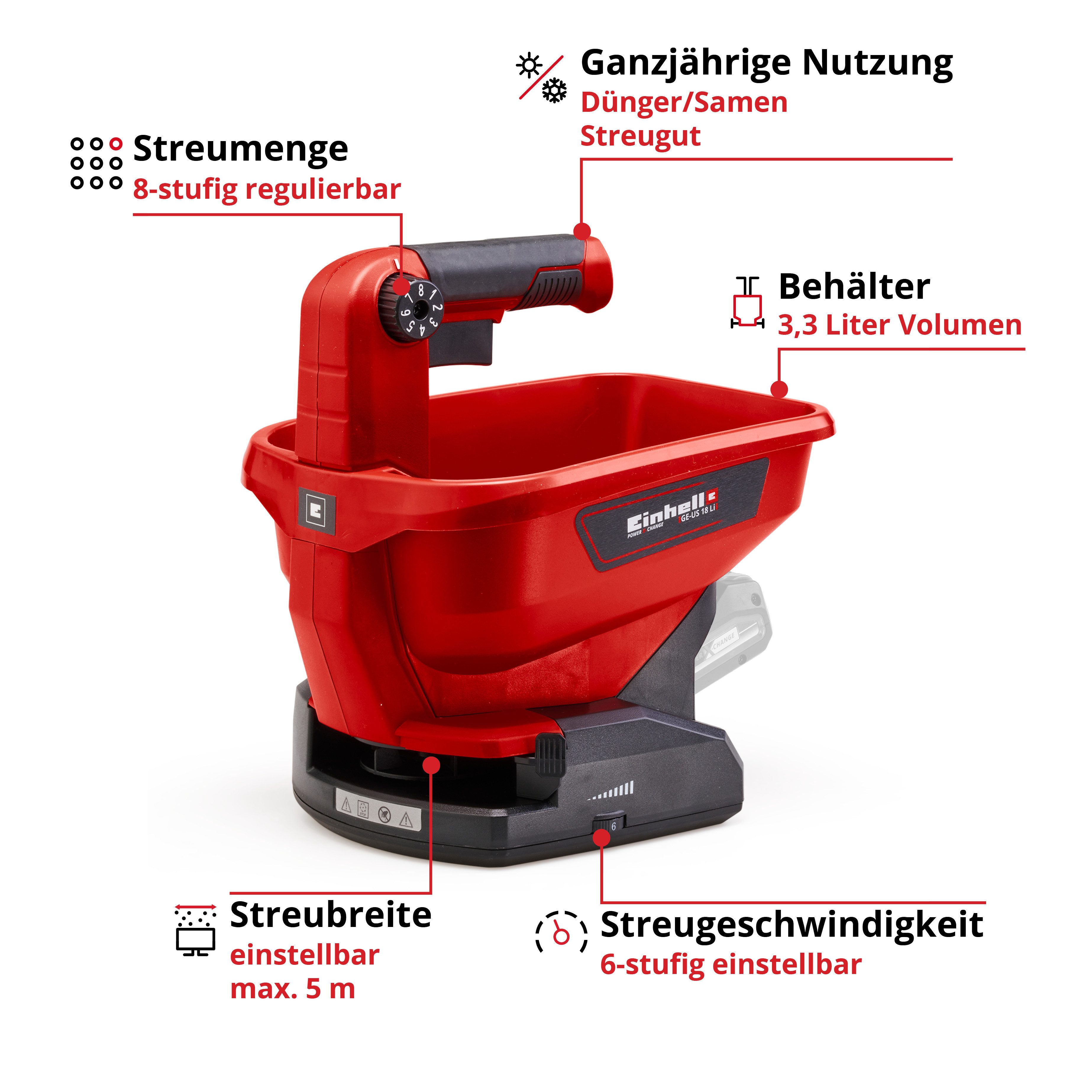 Einhell Handstreuer GE-US 18 Li-Solo, 50 cm Arbeitsbreite, ohne Akku und Ladegerät