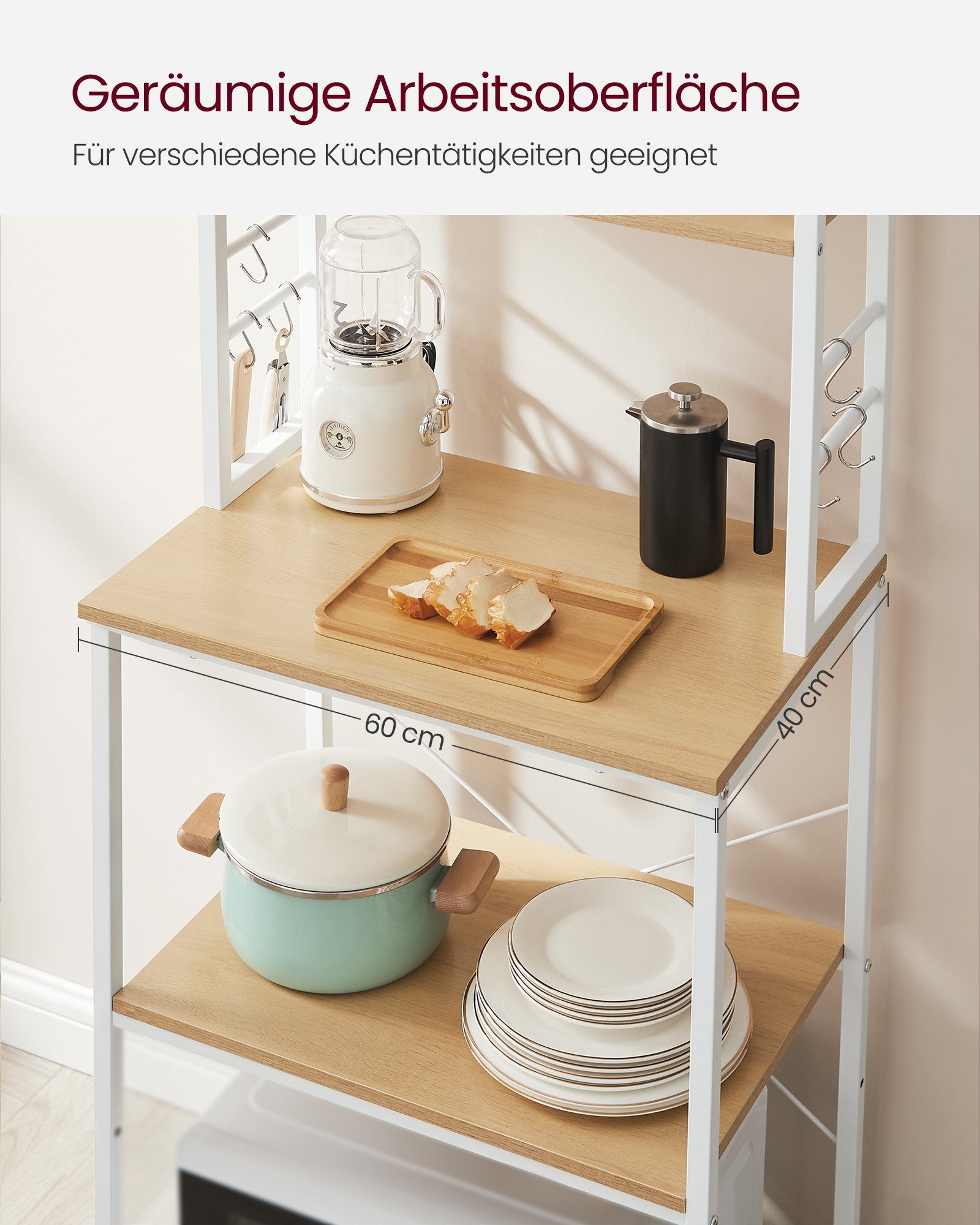 VASAGLE Standregal, Küchenregal mit 40 eichenfarben-weiß x Haken, 60 x 6 cm(TxBxH) 167