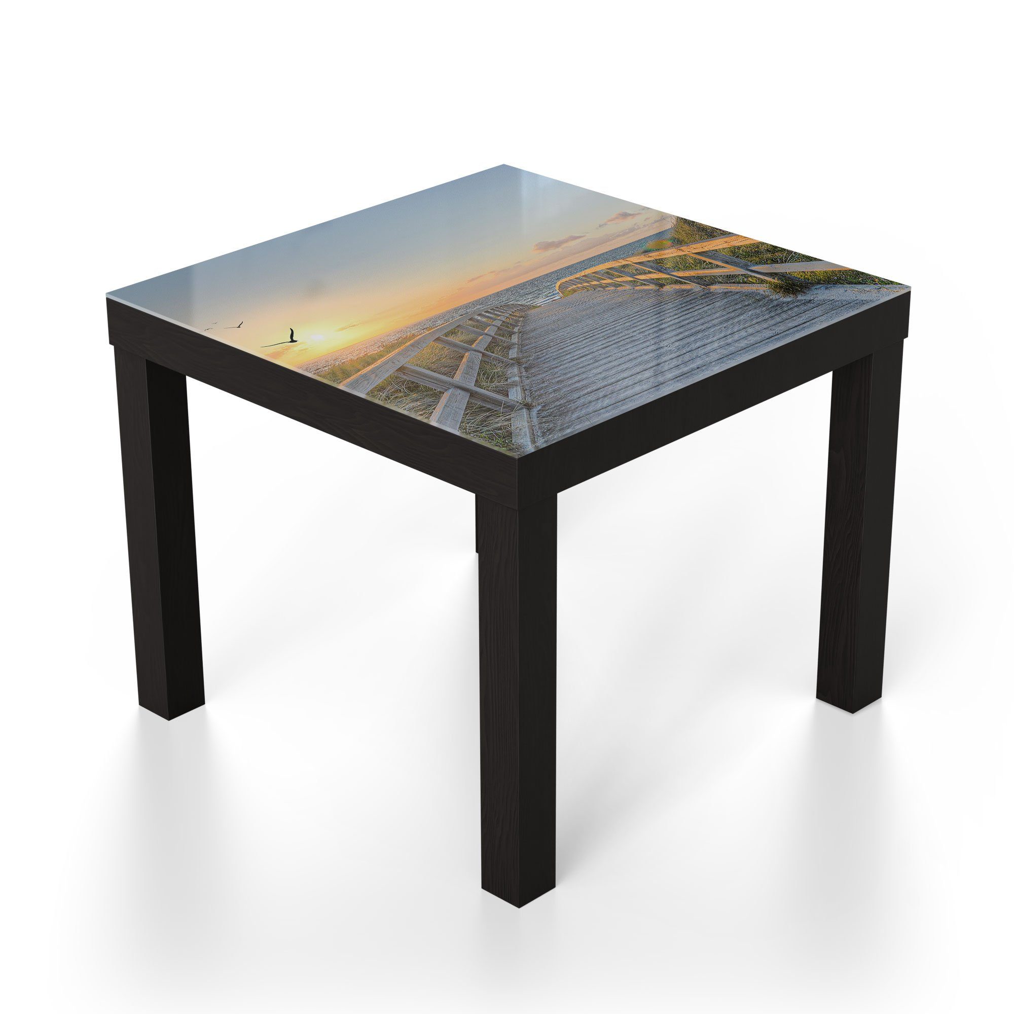 Schwarz Glas zum Beistelltisch 'Dünenweg Meer', Couchtisch modern Glastisch DEQORI