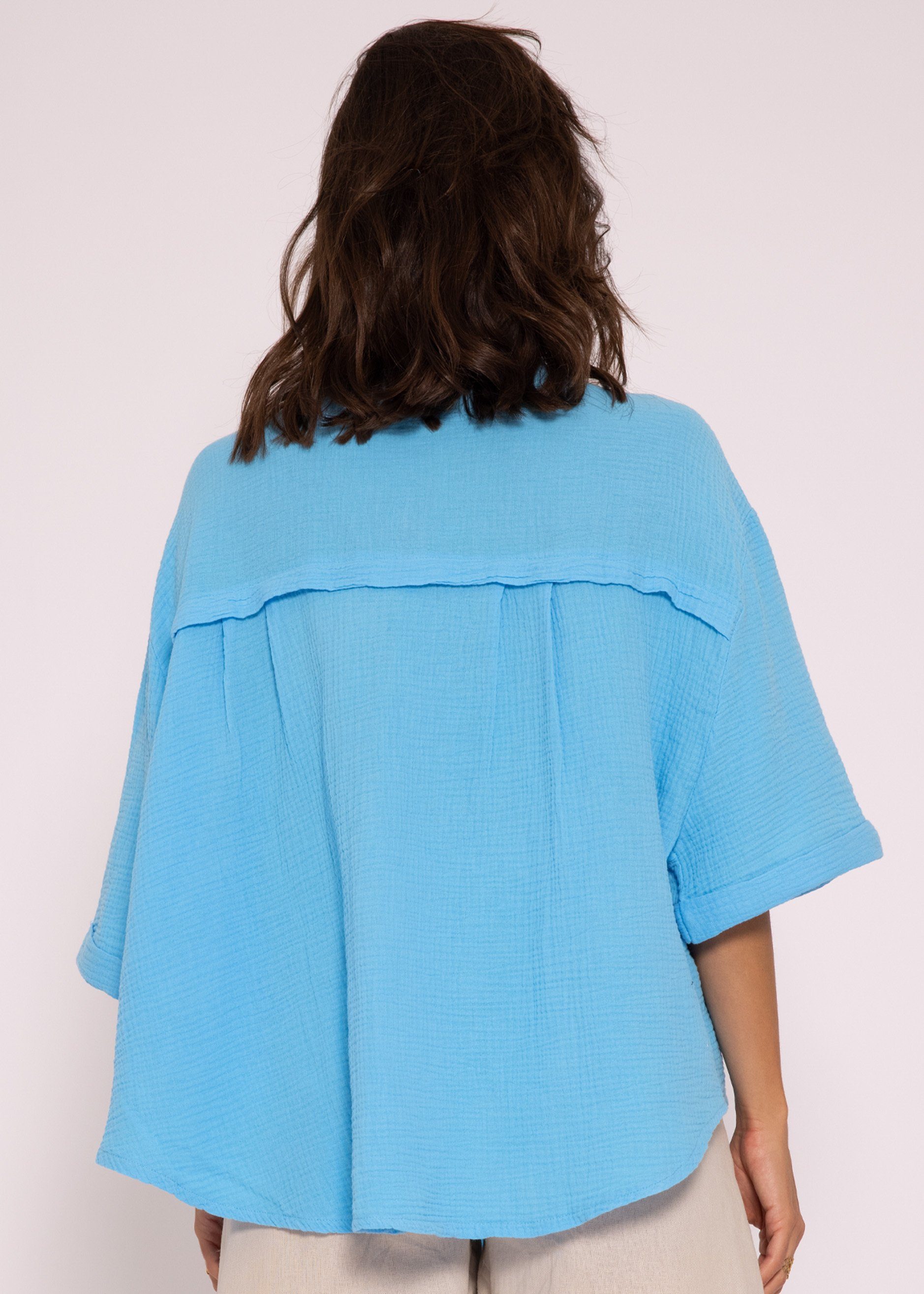 Kurzarmbluse Musselin in Musselin Size: Italy, 36-48 aus Baumwolle, Shirt SASSYCLASSY Damen One Azurblau kurzarm Bluse Made Gr. Bluse Oversize