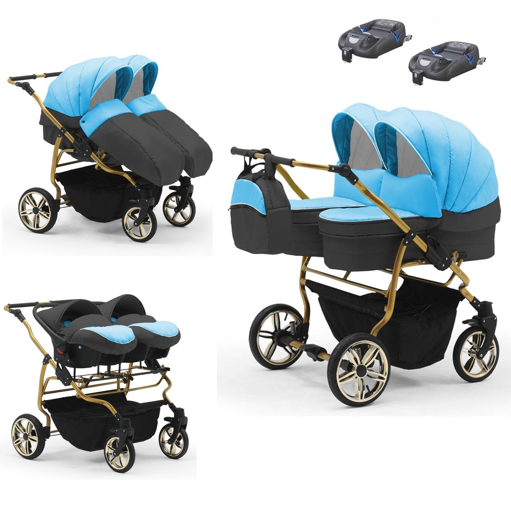 babies-on-wheels Zwillingswagen Zwillingswagen Duet Lux Gold 4 in 1 - 15 Teile - in 33 Farben Türkis-Dunkelgrau