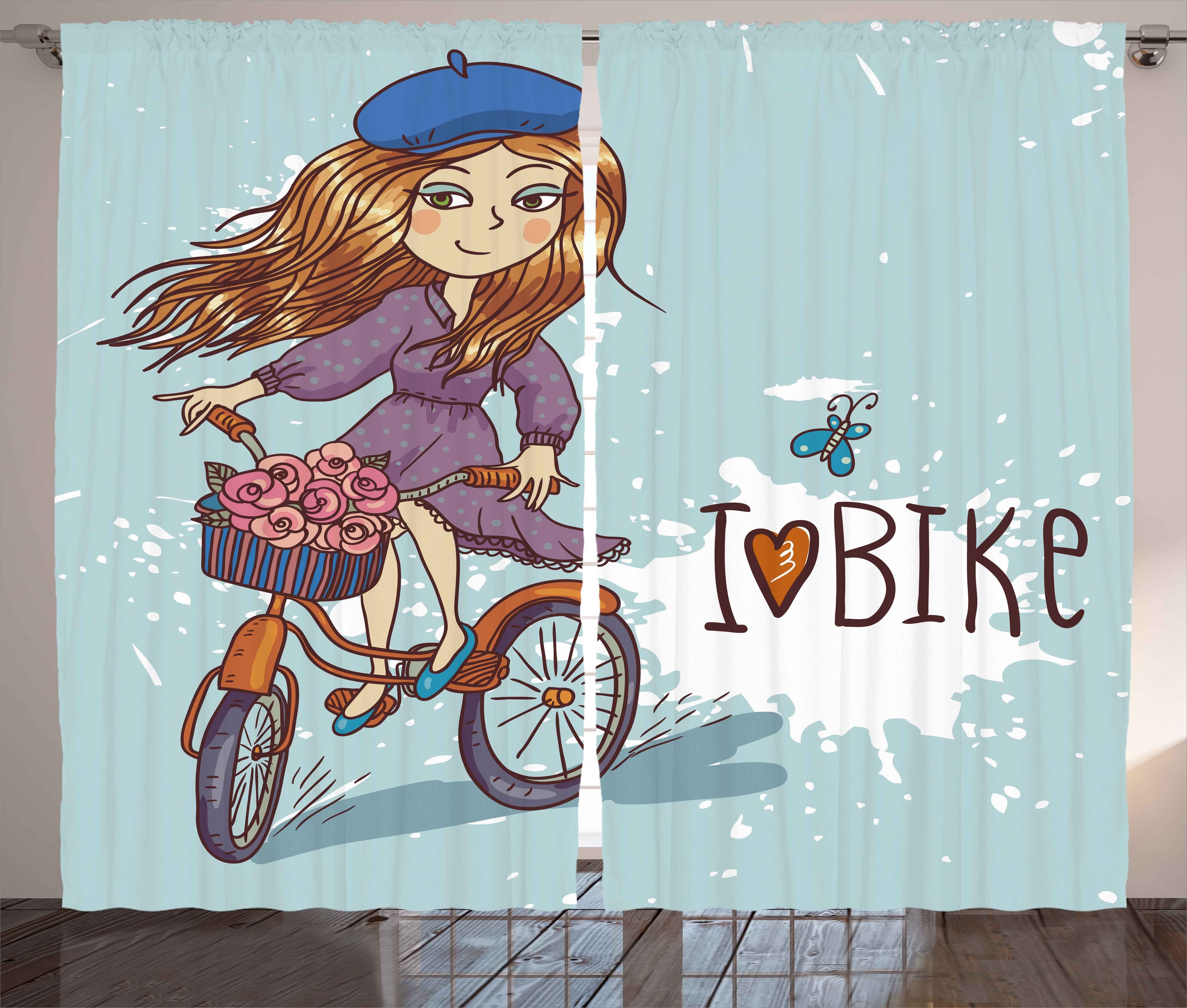 Fahrrad Gardine Vorhang Schlaufen mit Schlafzimmer Karikatur-Mädchen Abakuhaus, und mit Retro Haken, Kräuselband
