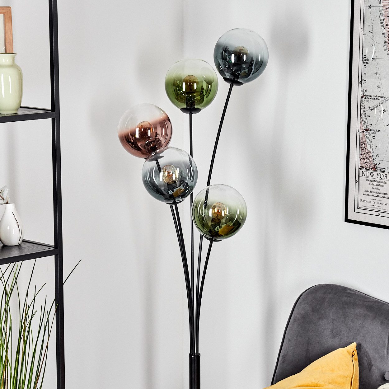 hofstein Stehlampe Stehlampe aus Metall/Glas in Schwarz/Blau/Grün/Kupfer/Klar, Stehleuchte im Retro-Design (Schirme 15cm), Fußschalter, 169cm, E14