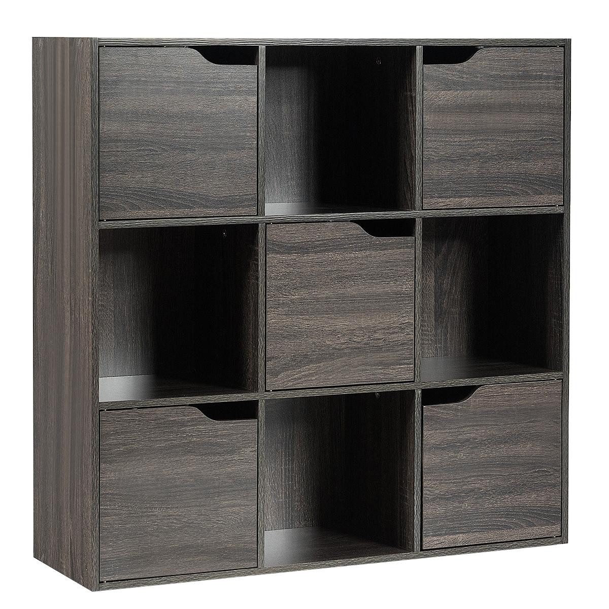KOMFOTTEU Bücherregal Würfelregal mit 9 Fächern & 5 Türen, 90x29x90cm, grau günstig online kaufen