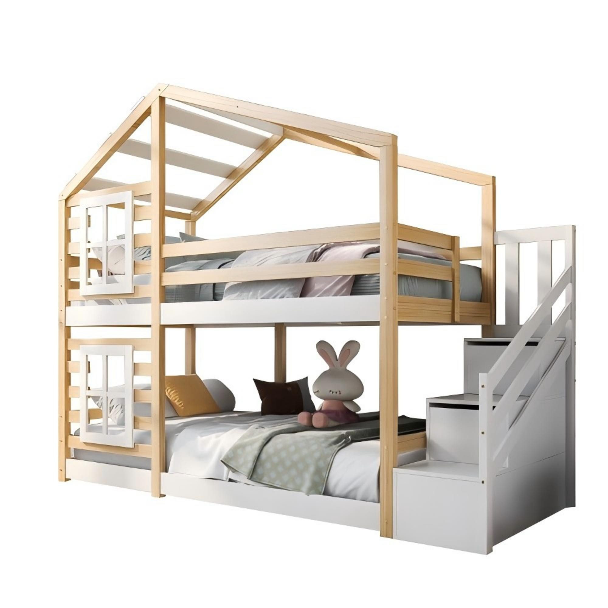 Odikalo Kinderbett Etagebett Hochbett m. Schublade, Rausfallschutz 90x200, 2x Fenstern