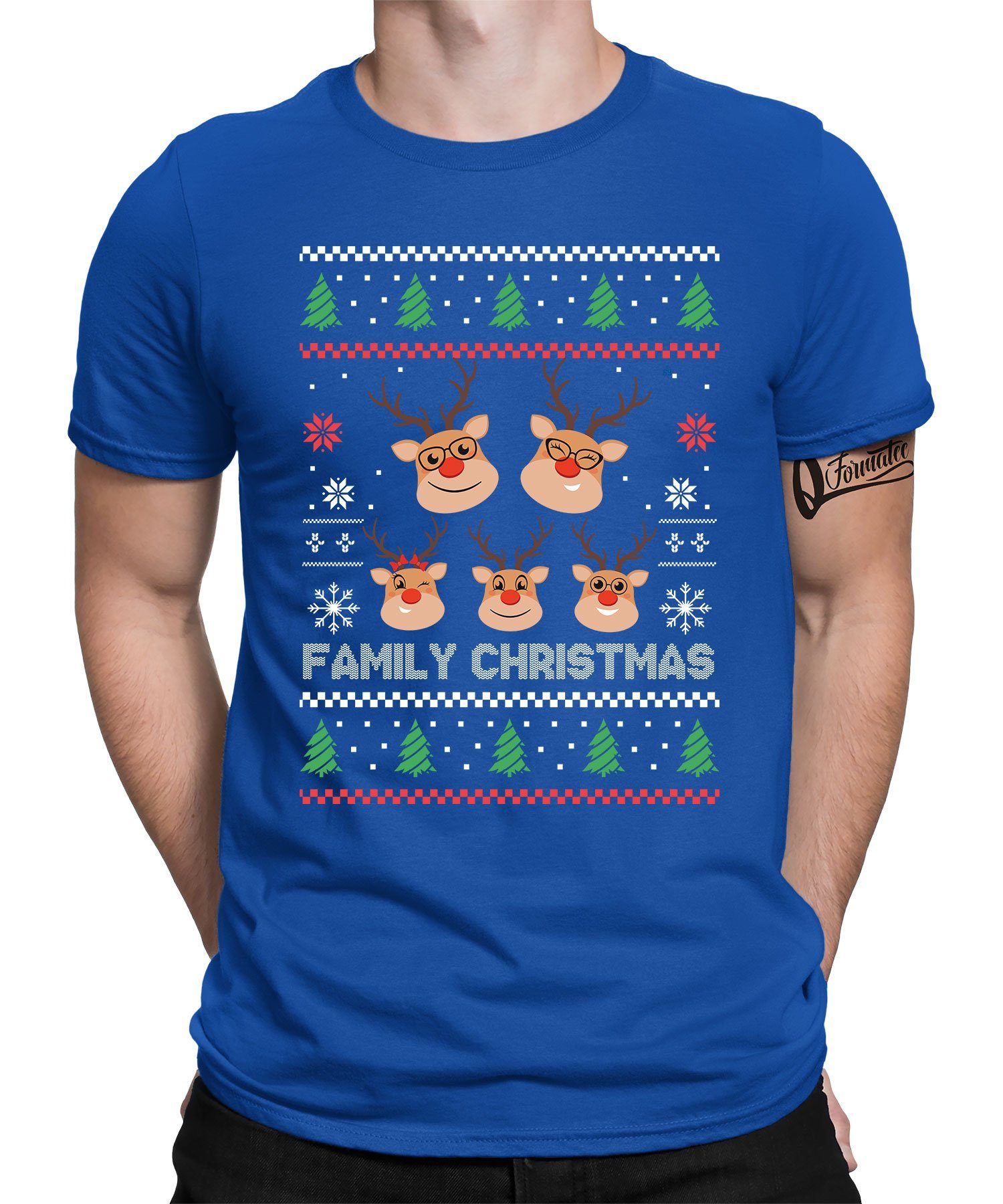 Quattro Formatee Kurzarmshirt Family Christmas Rentier Reh - Weihnachten X-mas Weihnachtsgeschenk (1-tlg) Blau