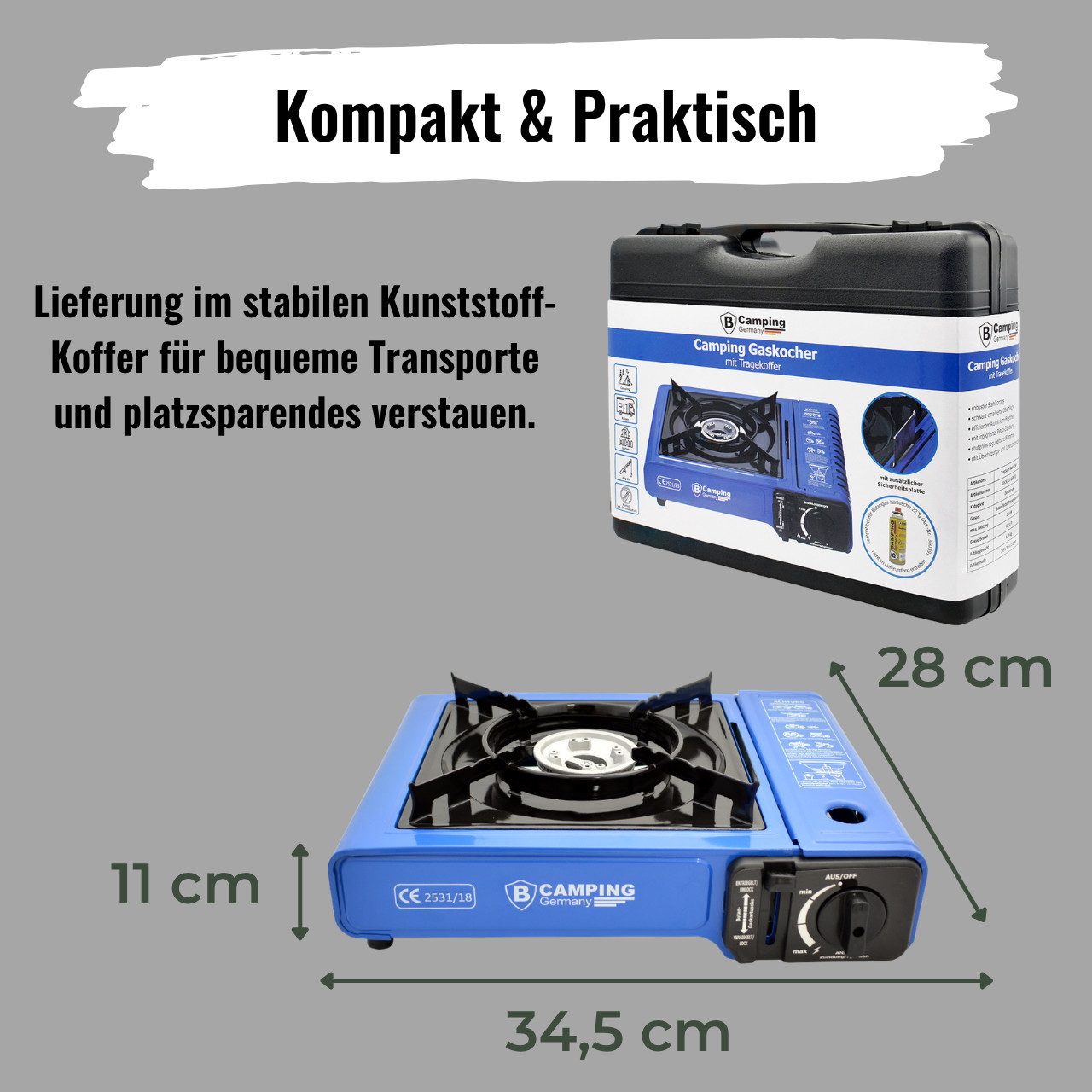 bahama Gaskocher mit 4x 227g Gas Kartuschen mobiler Kocher für Camping Kocher Outdoor, (4-St), Kartuschenkocher mit Gaskartusche 1-Flammig mit Trage-Koffer Gasherd
