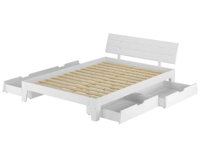 ERST-HOLZ Bett Komfortables Futonbett 160x200 Kiefer massiv weiß mit Stauraum, Kieferwaschweiß