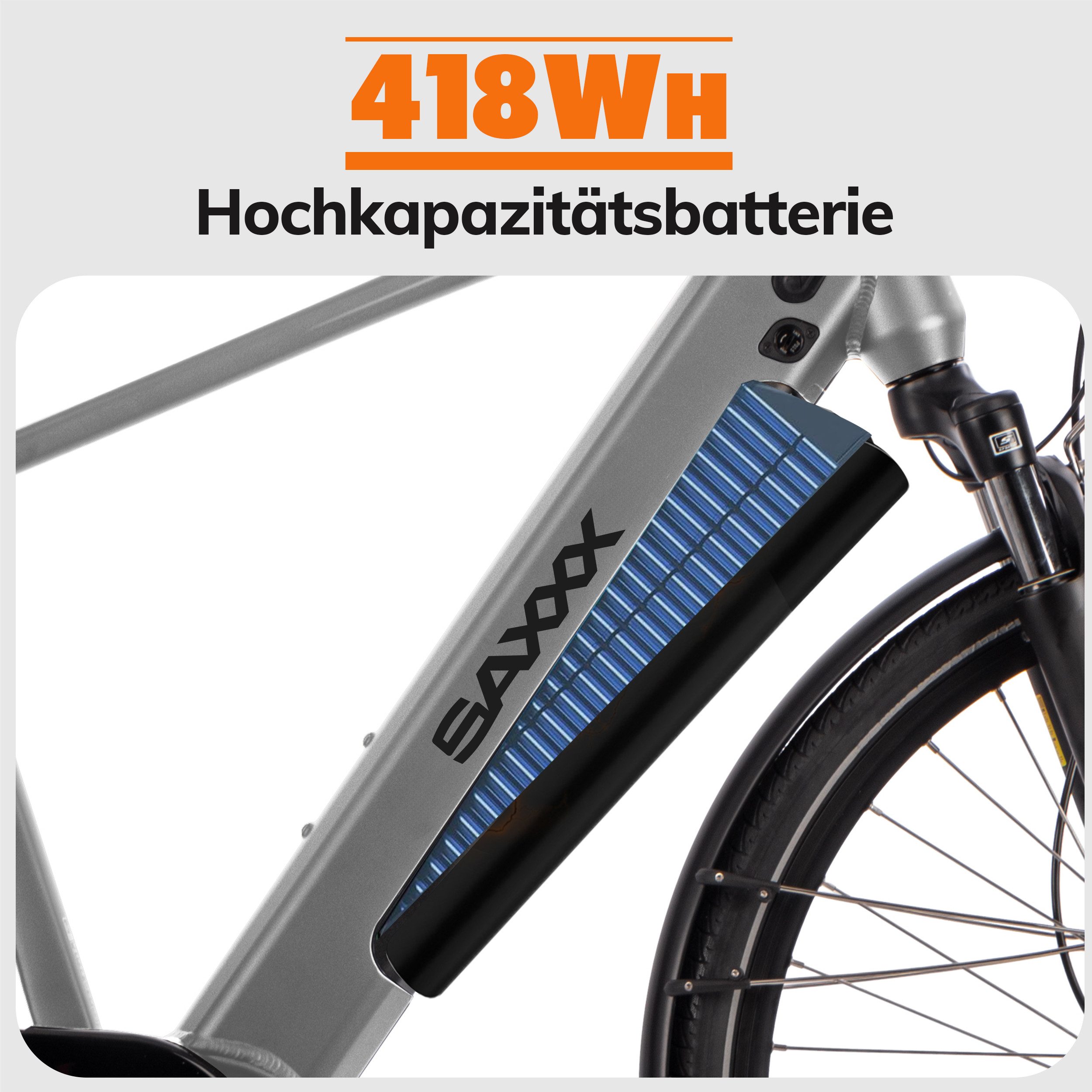 SAXXX E-Bike Cityrad 28 Zoll, 100km, 70Nm Mittelmotor, bis 130kg belastbar, 95% vormontiert, 9 Gang SHIMANO Alivio Schaltwerk, Kettenschaltung, Mittelmotor, 418 Wh, (Aluminium-Diamantrahmen, SR Federgabel, 5 Stufen mit Schiebehilfe), hydr. Bremsen, Pedelec, RH: 45/50 cm, Elektrofahrrad für Damen Herren