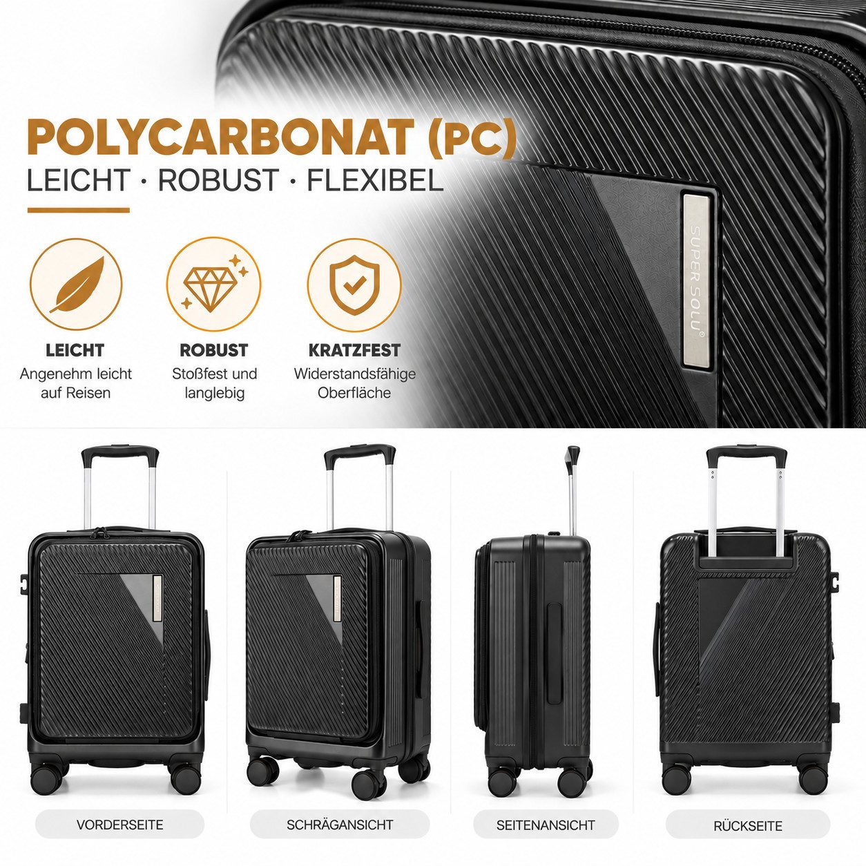 Super Solu Handgepäck-Trolley Hartschalenkoffer 55cm PC erweiterbar mit Frontöffnung & Laptopfach, 4 Rollen, Reisekoffer mit TSA-Schloss & 4 x 360° Doppelrollen – Bild 2 von 5