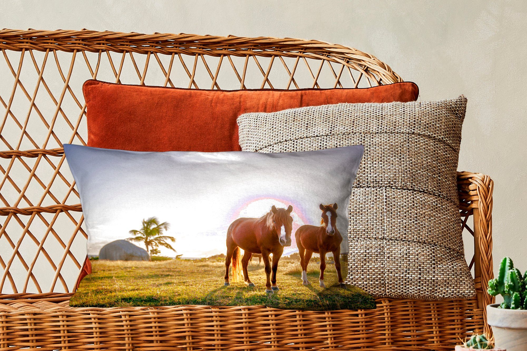 Gras, Dekoration, - MuchoWow Schlafzimmer mit Füllung, Wohzimmer Dekokissen Pferde - Dekokissen Zierkissen, Sonne