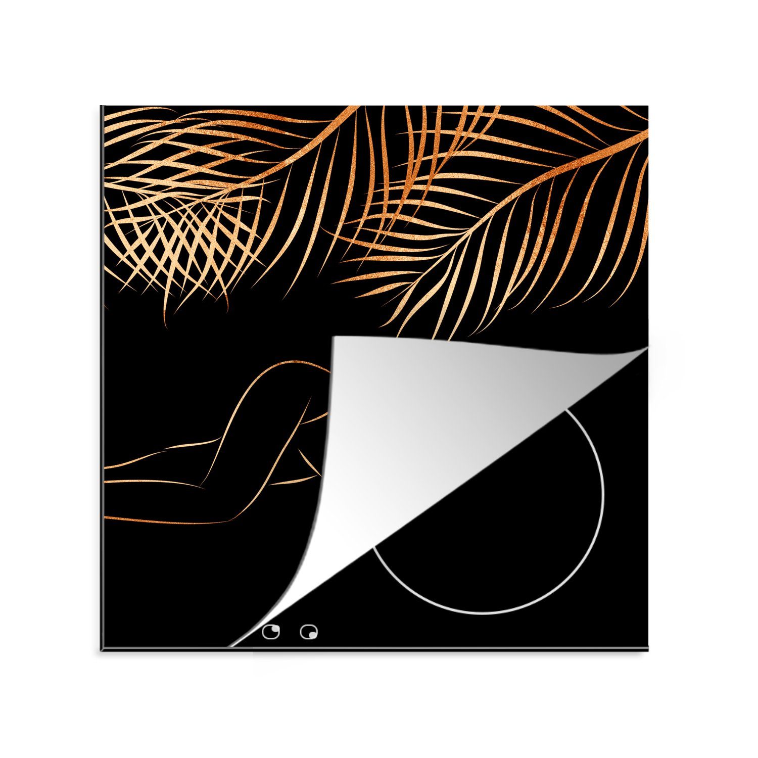 MuchoWow Herdblende-/Abdeckplatte Frau - Blätter - Linie bei - Schwarz und Gold, Vinyl, (1 tlg), 78x78 cm, Ceranfeldabdeckung, Arbeitsplatte für küche
