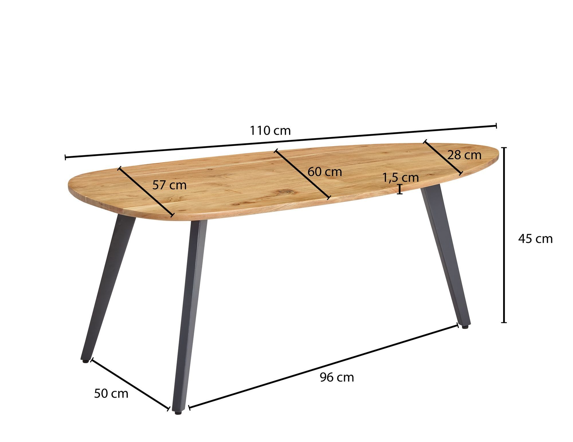 FINEBUY Couchtisch FB59388 Akazie Massivholz oval 110 cm Wohnzimmertisch in Nierenform (Wohnzimmertisch Dreibein, Holztisch Modern), Akazie Massivholz 110 x 45 x 60 cm Nierenform