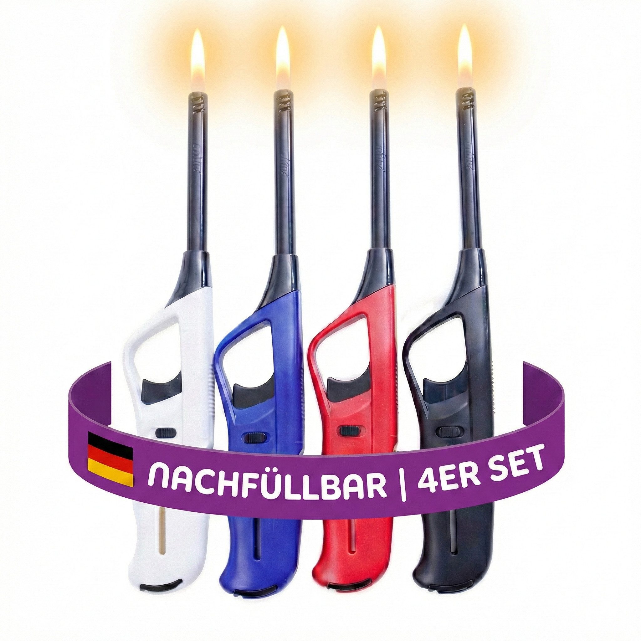 Unilite Feuerzeuge Stabfeuerzeuge 4er Set, befüllt & nachfüllbar (4-St), 27,6 cm Länge, Fester Stab, Soft-Flame