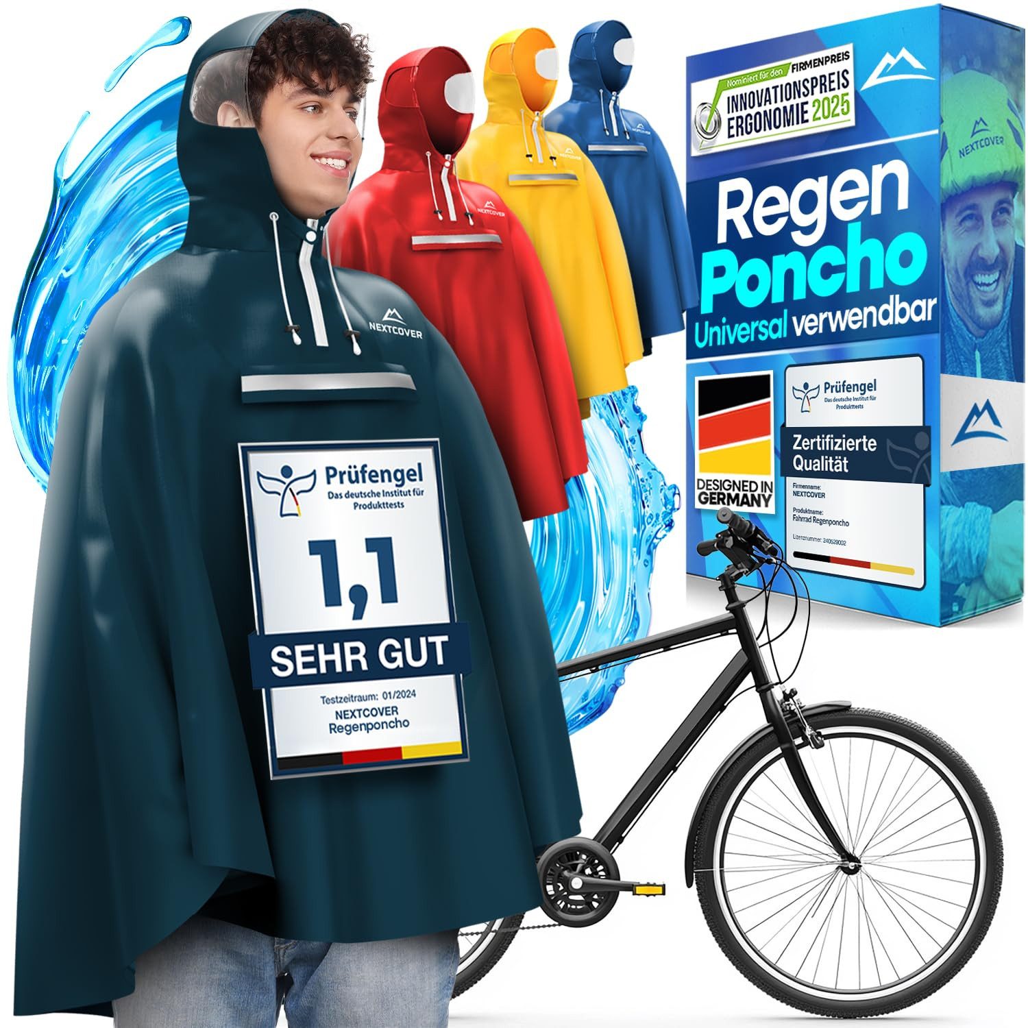 Nextcover Regenponcho Fahrrad für Damen & Herren - mit [AquaShield 2.0] Technologie (Regenponcho Wandern, Fahrrad-Regencape, Angel Poncho) Regencape für Damen und Herren