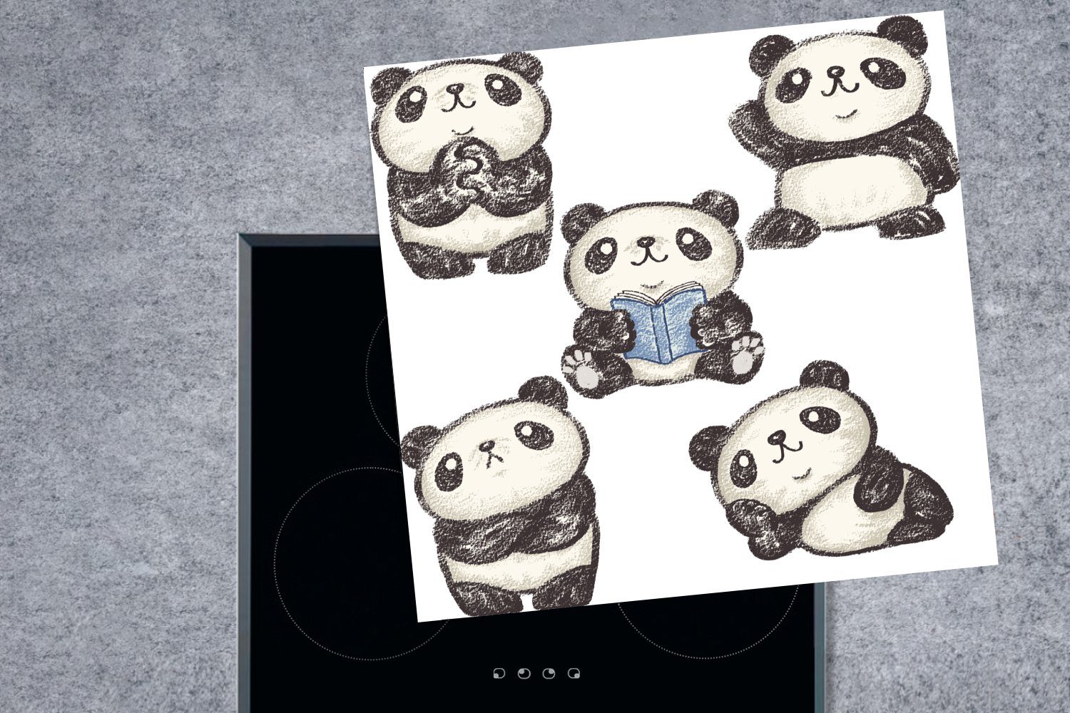 Herdblende-/Abdeckplatte Panda Weiß, für (1 MuchoWow - Arbeitsplatte Schwarz - 78x78 Vinyl, Buch küche - cm, Ceranfeldabdeckung, tlg),