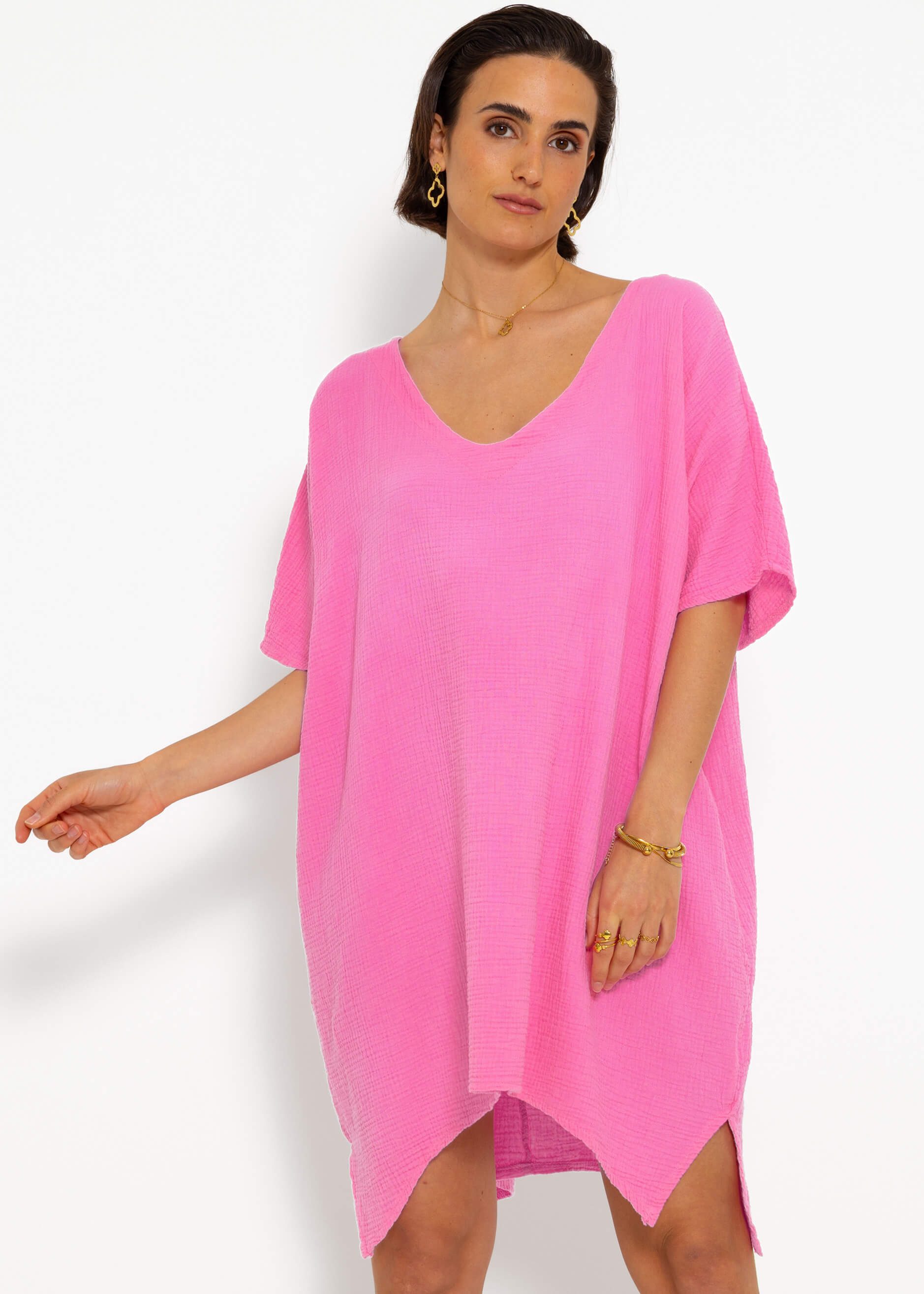 SASSYCLASSY Strandkleid Musselin Tunika mit V-Ausschnitt 100 % Baumwoll Kleid mit Seitenschlitzen und einer Oversize Passform