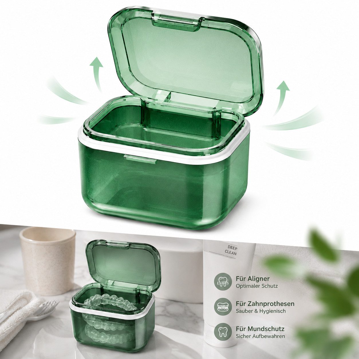 ibettertec Zahndose Prothesenfall Organizer mit Sieb Zahnprothesen-Behälter (Set, 1 St., Einschichtige Zahnersatz-Reinigungsbox mit Verschlussclip), Mit Sieb zum Einweichen von Prothesen, für Zahnspangen und Schiene