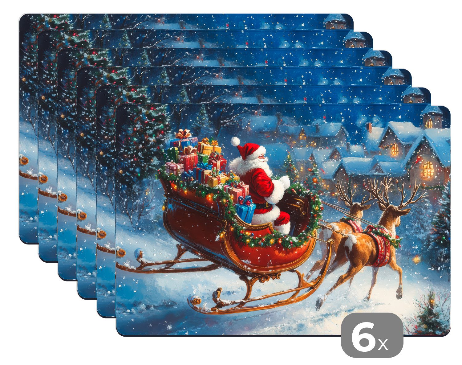 MuchoWow Platzset Weihnachtsmann - Rentier - Weihnachten - Schnee, (6-St), Platzsets, Tischset, Abwaschbar, Tischsets, Platzdeckchen