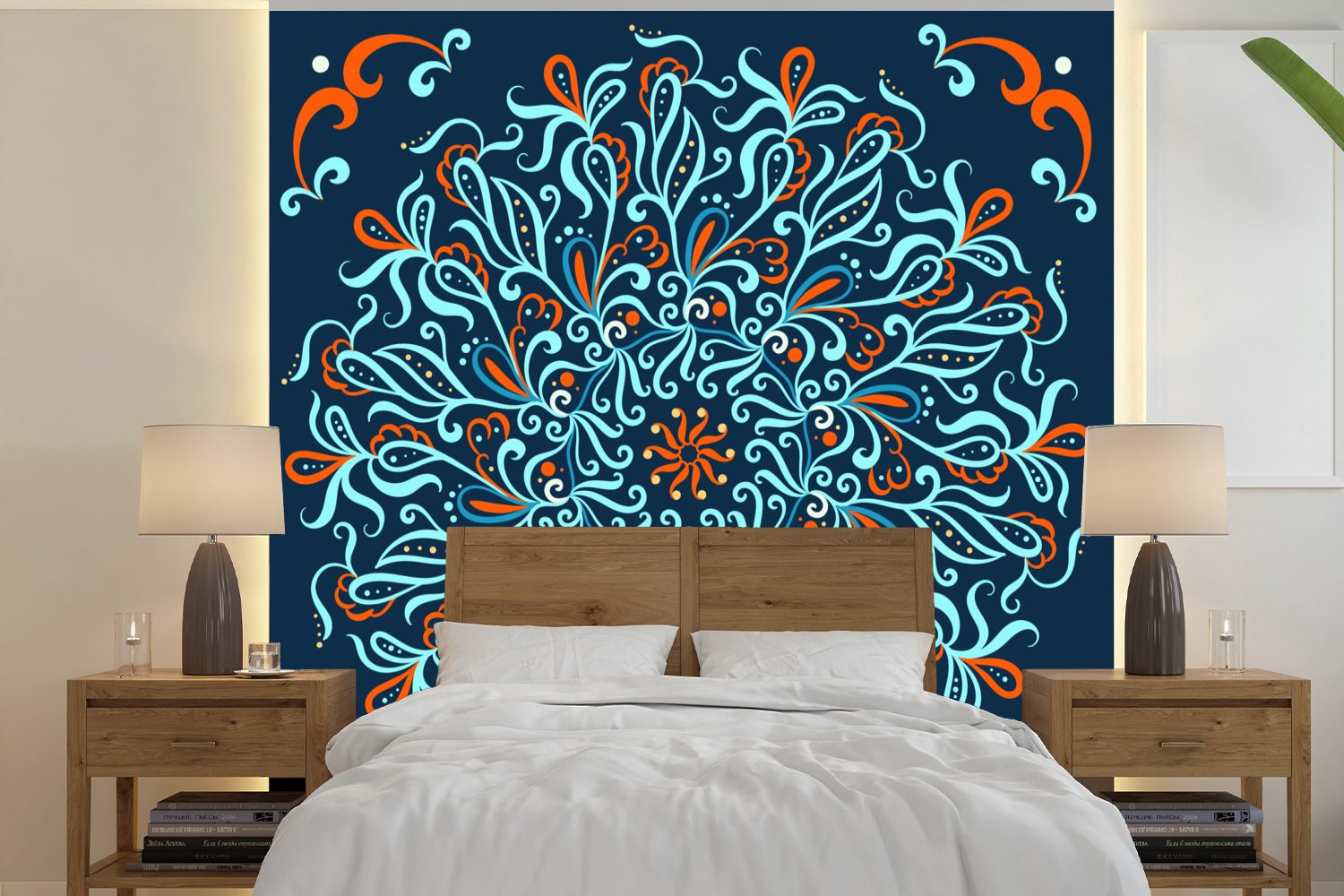 MuchoWow Fototapete Mandala - Blau bedruckt, - Matt, (5 Muster, für Vinyl Wandtapete St), Schlafzimmer, oder Wohnzimmer Tapete