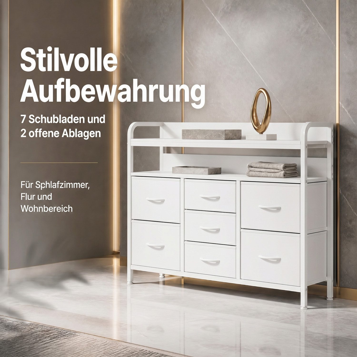 Refined Living Kommode Stoffkommode mit 6/7/8 Schubladen mit 2 offenen Ablagen Komodenschrank (Holzplatte und Metallrahmen, wasserdicht, Platzieren Dekorationen, Große Kapazität Aufbewahrungsmöbel, Sideboards, Schubkastenkommode), für Wohnzimmer, Kinderzimmer, Eingangsbereich, Flur, Schlafzimmer