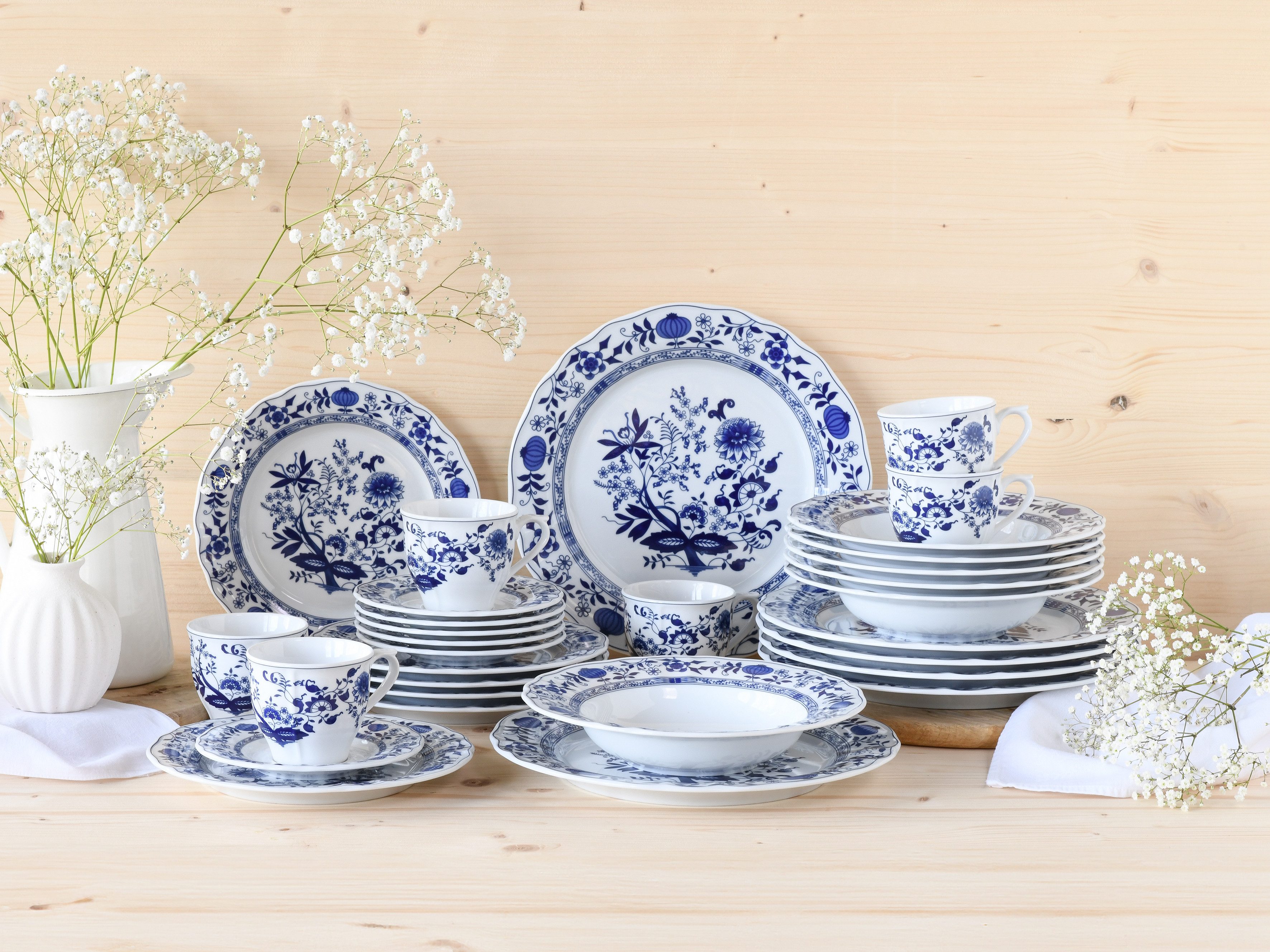 CreaTable Kombiservice Flora Zwiebelmuster, Kombi-Service 30-tlg (30-tlg), 6 Personen, Porzellan, Nostalgisch, Vintage