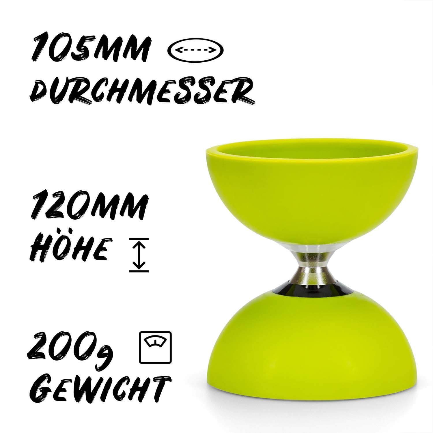 Diabolo Freizeitsport Diabolo Set Pro - inkl. Alu-Handstäben, Ersatzschnur, Anleitung, (Set, 1-tlg), Diabolo Set Pro (lime) Kugellager mit Alustäben für Kinder ab 5