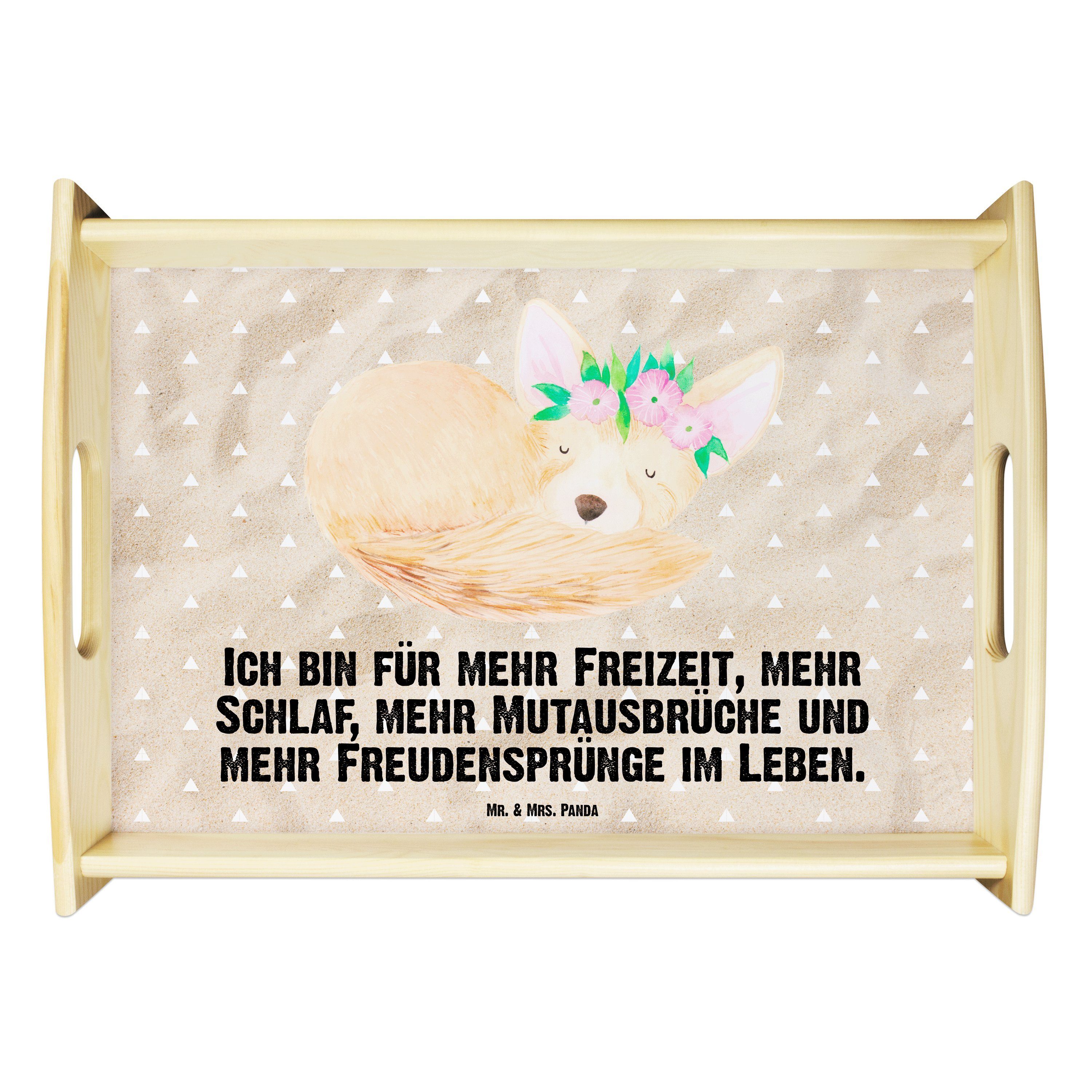 Mr. & Mrs. Panda Tablett Wüstenfuchs Blumenkranz - Sandig - Geschenk, Dekotablett, Wildtiere, Echtholz lasiert, (1-tlg)
