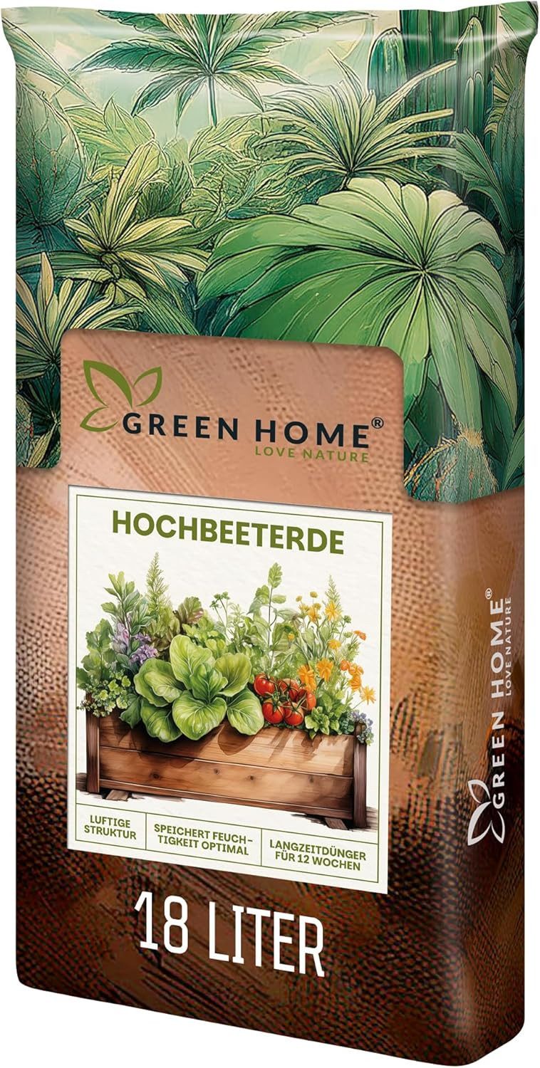 GREEN HOME LOVE NATURE Spezialerde Hochbeeterde für Gemüse & Kräuter, gebrauchsfertig, strukturstabil 18 L, 36 L, 72 L, Langzeitdünger, Perlite, Kokosfasern, pH 5,8, strukturstabil