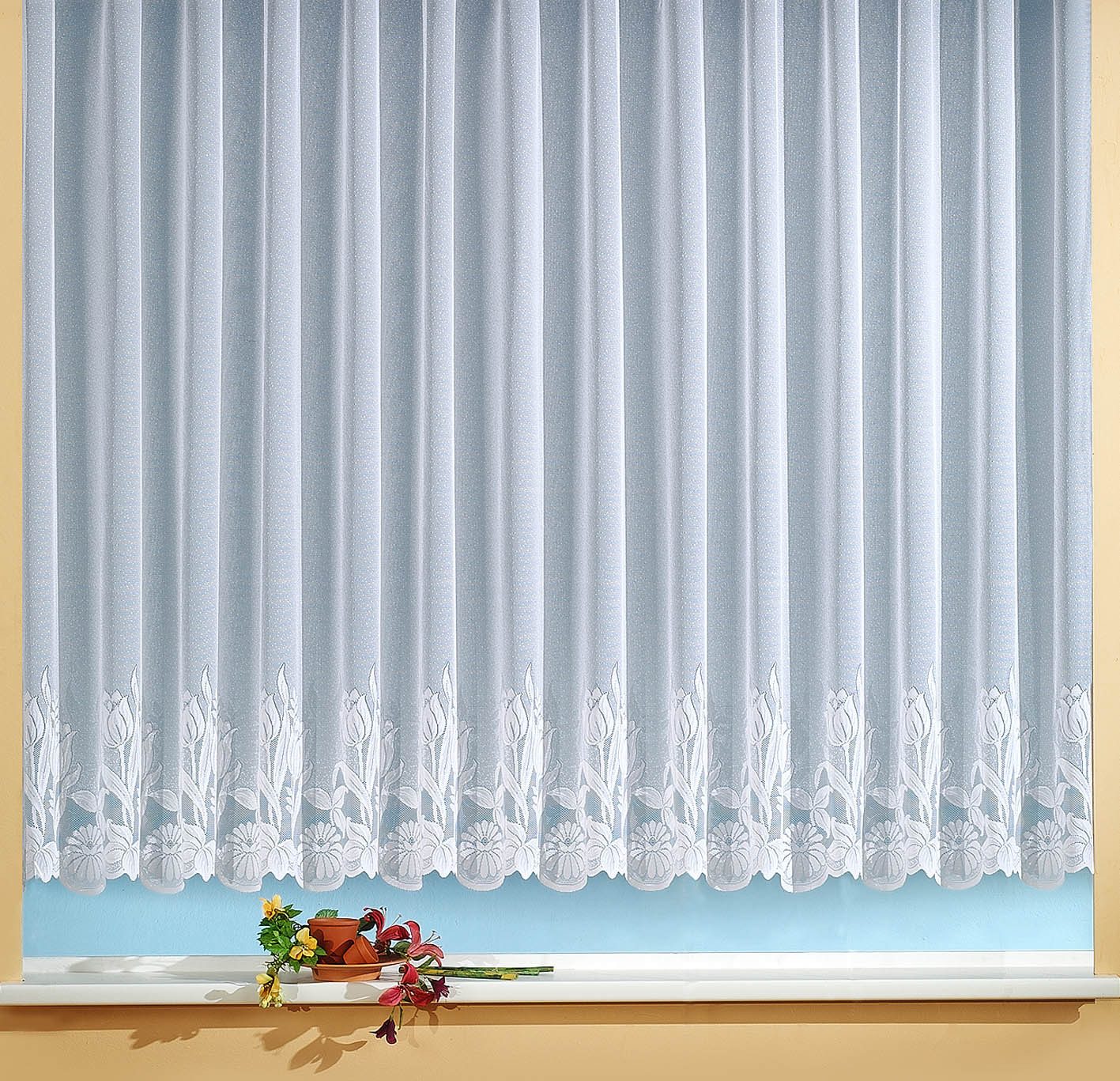 heimtexland Gardine Store Vorhang weiß durchscheinend Blumen Bordüre (1 St), Kräuselband, halbtransparent, Jacquard, handgebogter Borte I Scheibengardine I Kurzstore I Langstore