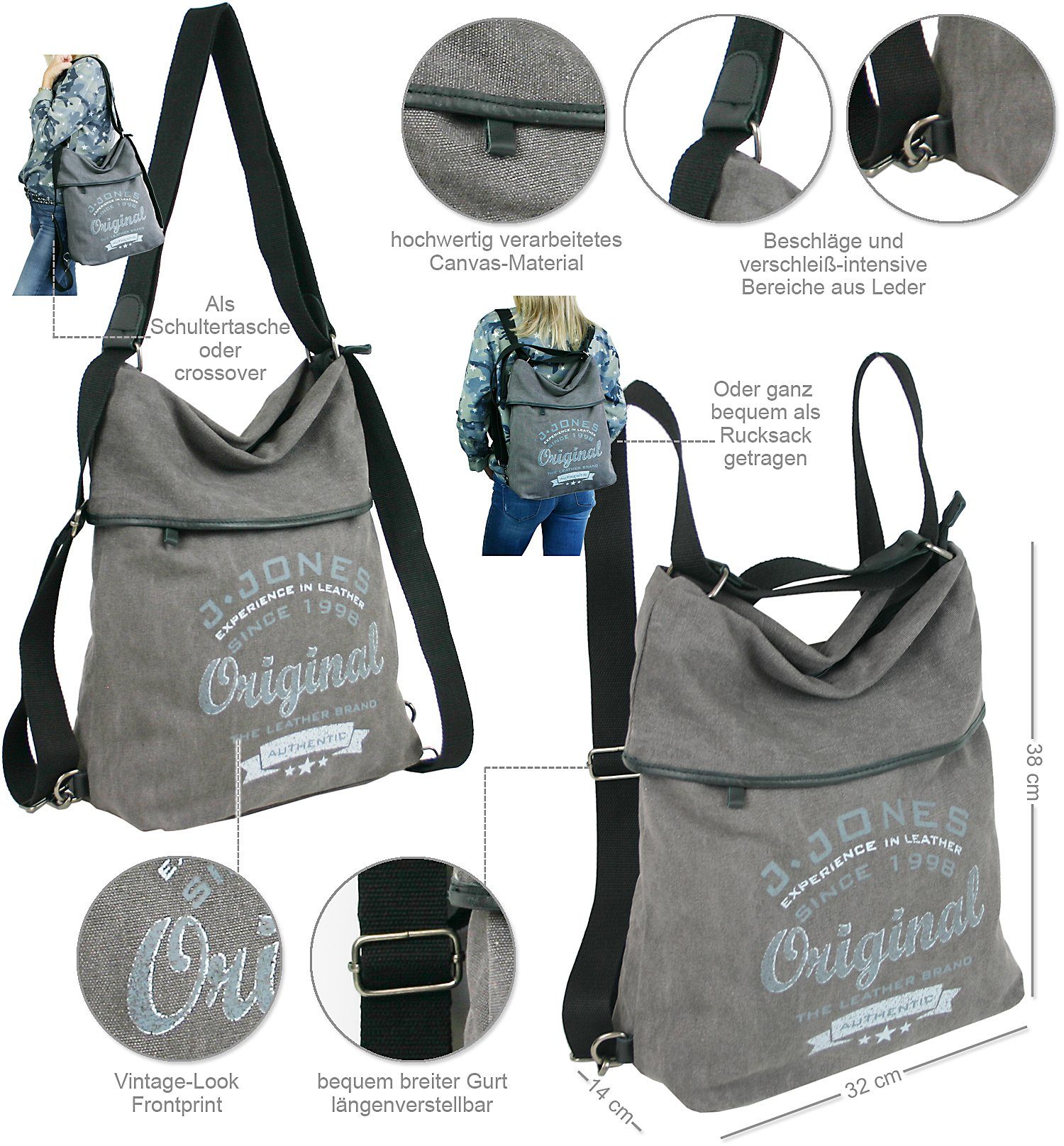 J JONES JENNIFER JONES Umhängetasche Große Canvas Rucksacktasche - Casual Rucksack und Schultertasche 2in1 – Bild 3 von 5
