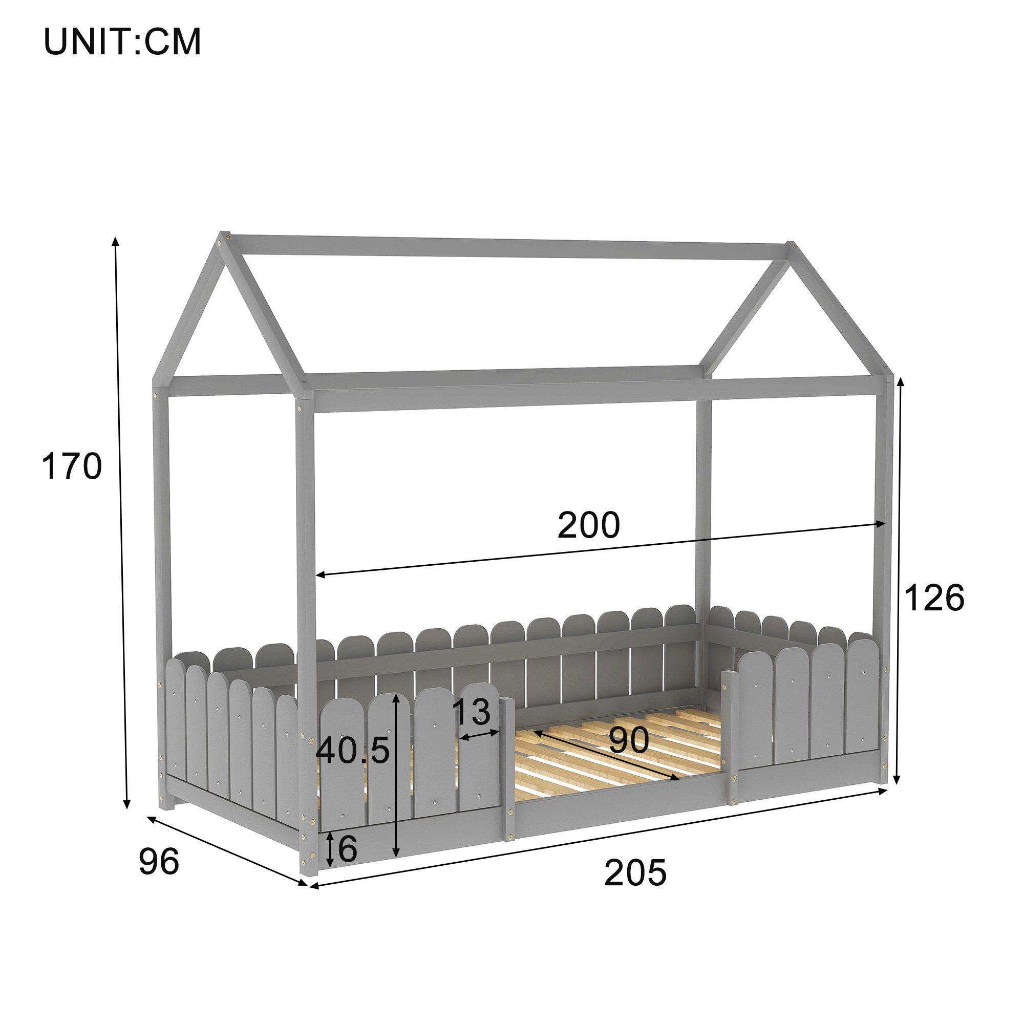Merax Hausbett, mit Rausfallschutz und Holz Grau 90x200cm, Kinderbett Lattenrost