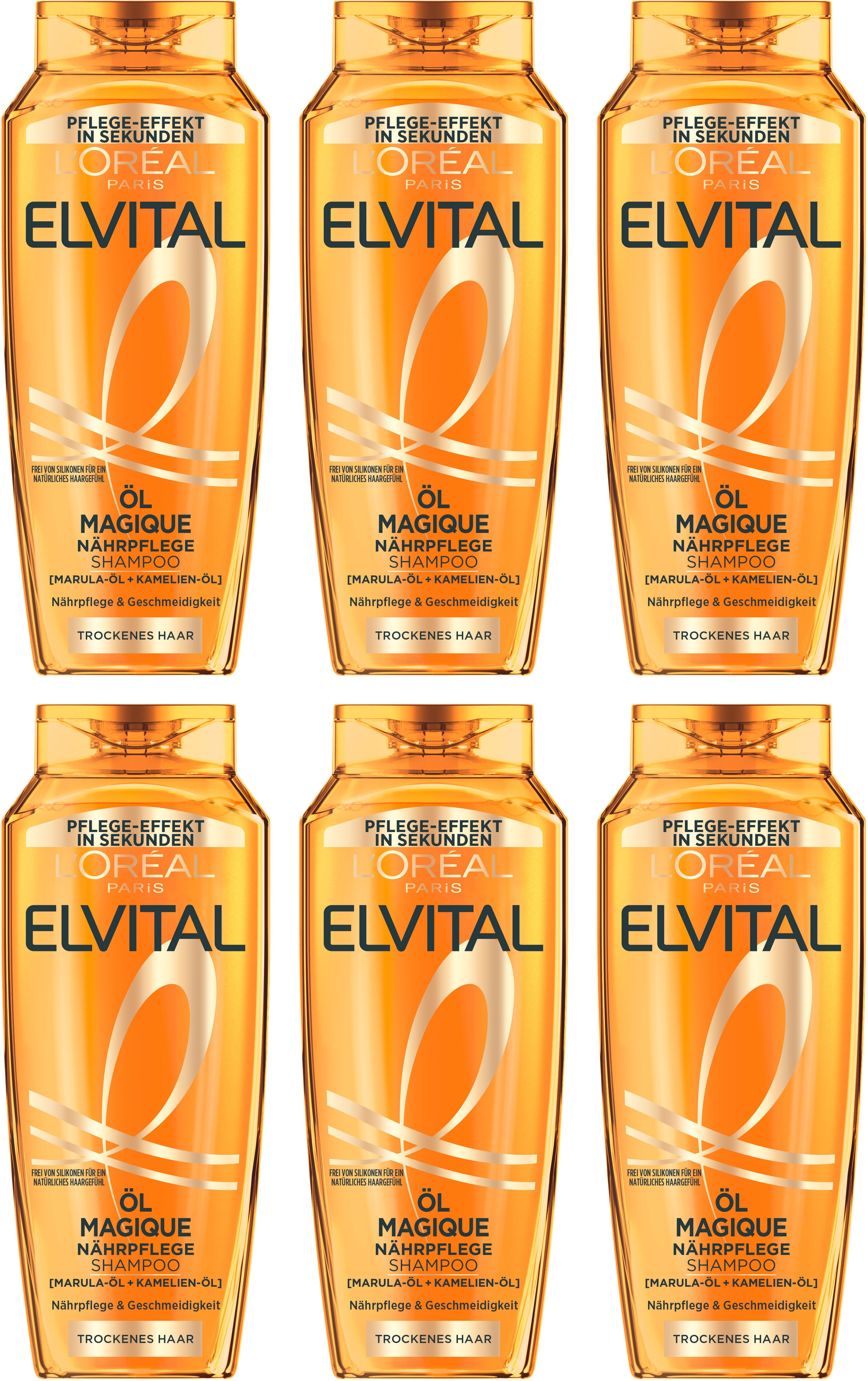 L'ORÉAL PARIS Haarshampoo L'Oréal Paris Elvital Öl Magique Shampoo, Packung, 6-tlg., Revitalisiert das Haar, unglaubliche Leichtigkeit und Seidigkeit.