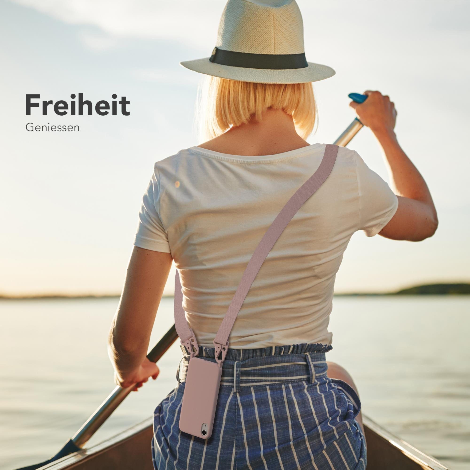 EAZY CASE Handykette Breitband Kette für Apple iPhone XR 6,1 Zoll, 2 in 1 Hülle abnehmbarer Kordel Carabiner Necklace Backcover Rosé Gold