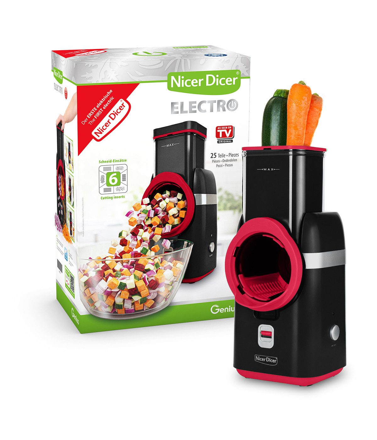 Genius Gemüseschneider Nicer Dicer Electro, 25 tlg, Gemüsehobel elektrisch, 6 Einsätze, 80 W, Extra-scharfe G-NOX Edelstahlklingen, einfache Reinigung, kompakt