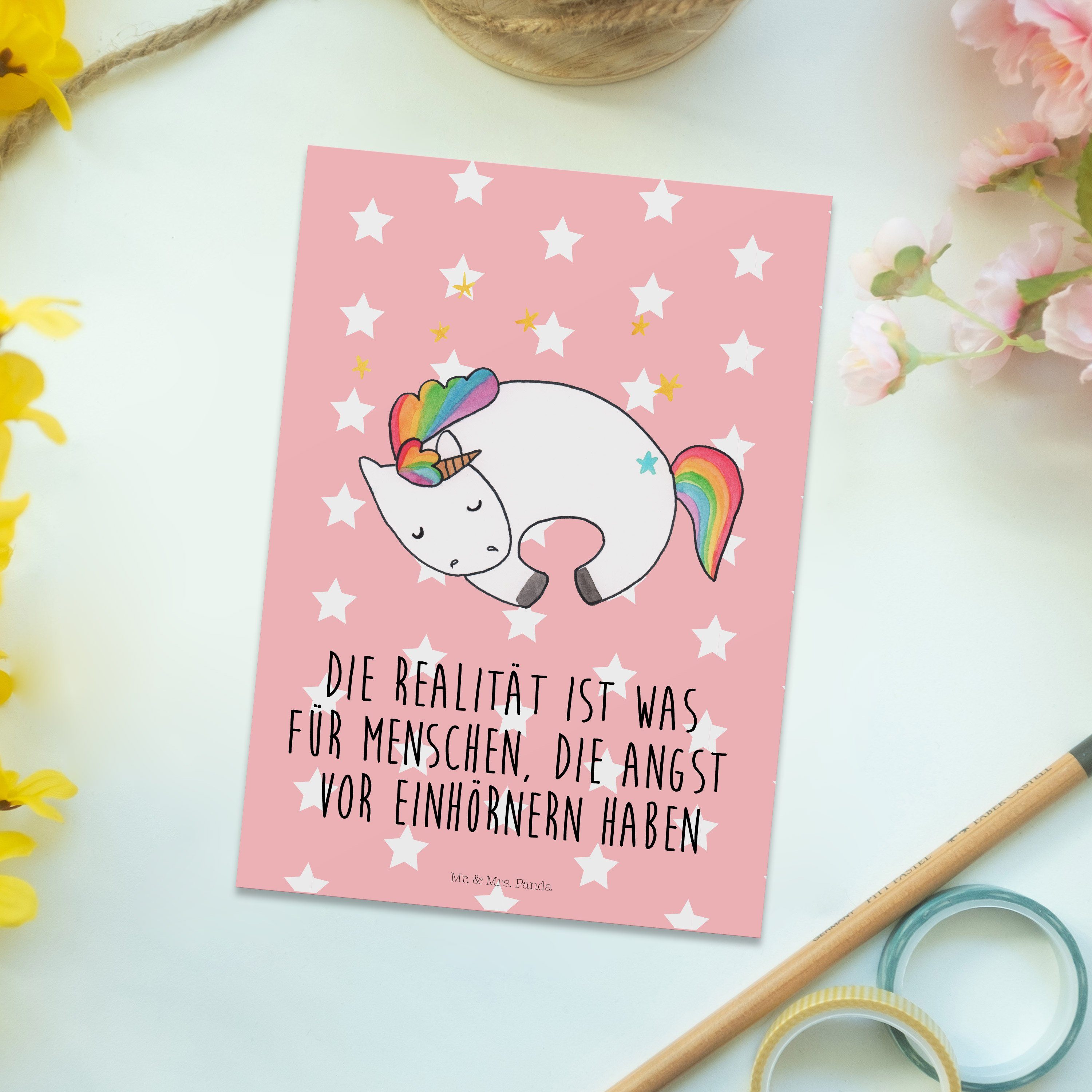 Mr. & Mrs. Geburtstagskarte, Panda Einhorn Postkarte Rot Geschenk, - Dank Traum, Nacht - Pastell