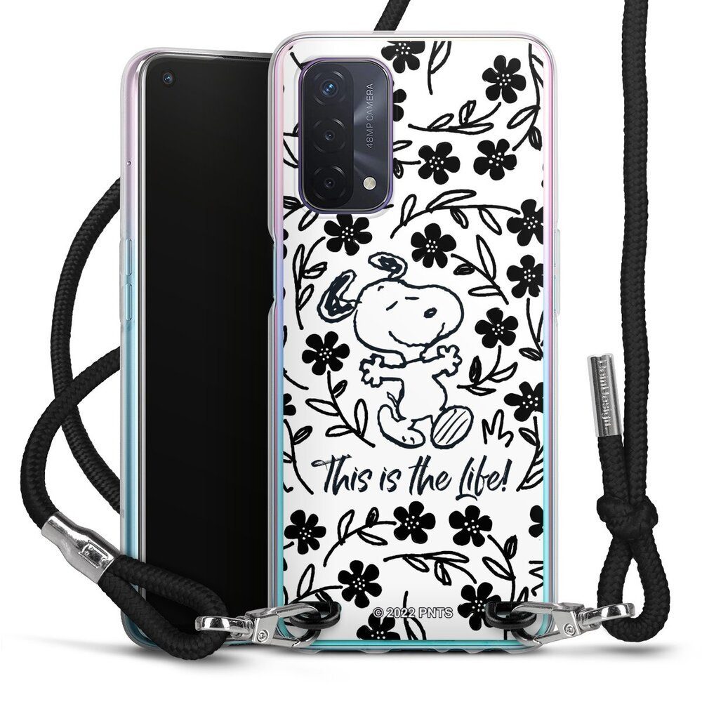 DeinDesign Handyhülle Peanuts Blumen Snoopy Snoopy Black and White This Is The Life, Oppo A54 5G Handykette Hülle mit Band Case zum Umhängen